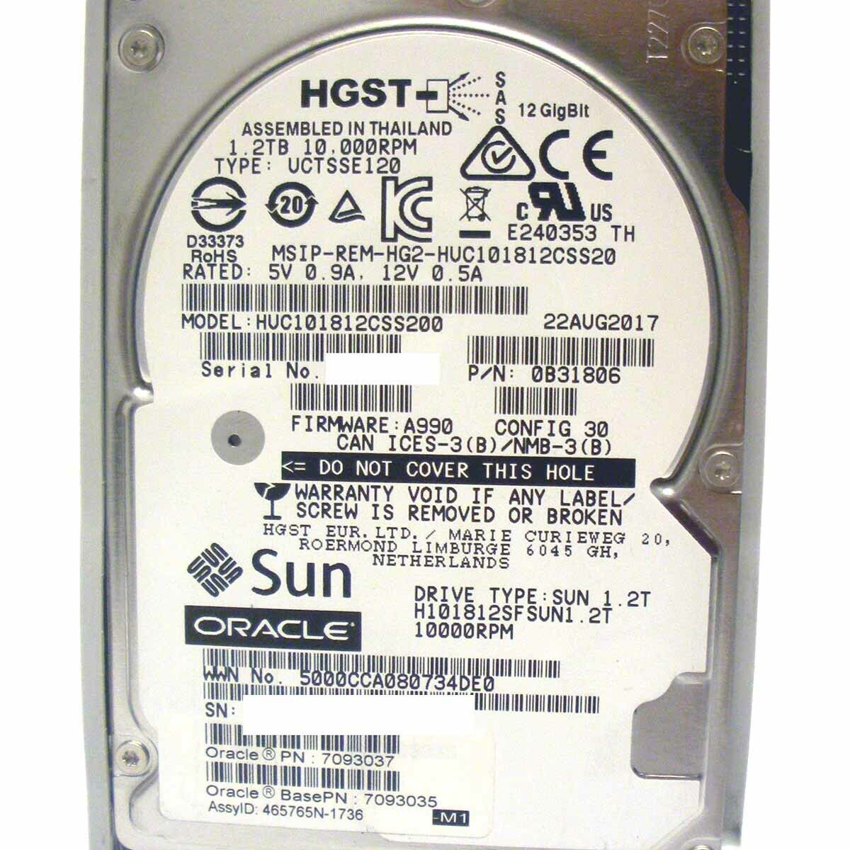 Sun 0racle 1.2TB 10K 12G SAS 2.5in Hard Drive No Tray // HUC101812CSS200 / 7093037 / 0B31806 (Used) // สินค้ารับประกัน โดย บริษัท อะไหล่เซิร์ฟเวอร์ จำกัด