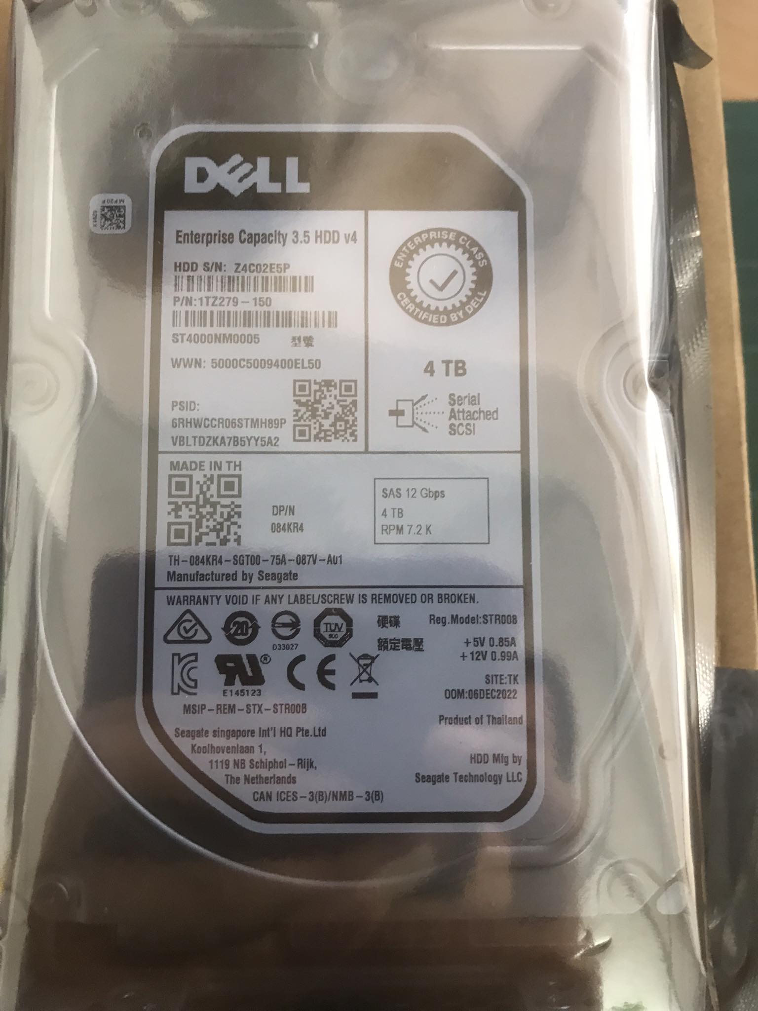 (New Inbox) Dell 4TB 7.2K SAS 12G 3.5 inch Hard Drive PowerEdge R640 R740 R940 // 084KR4 / ST4000NM0005 // สินค้ารับประกัน โดย บริษัท อะไหล่เซิร์ฟเวอร์ จำกัด