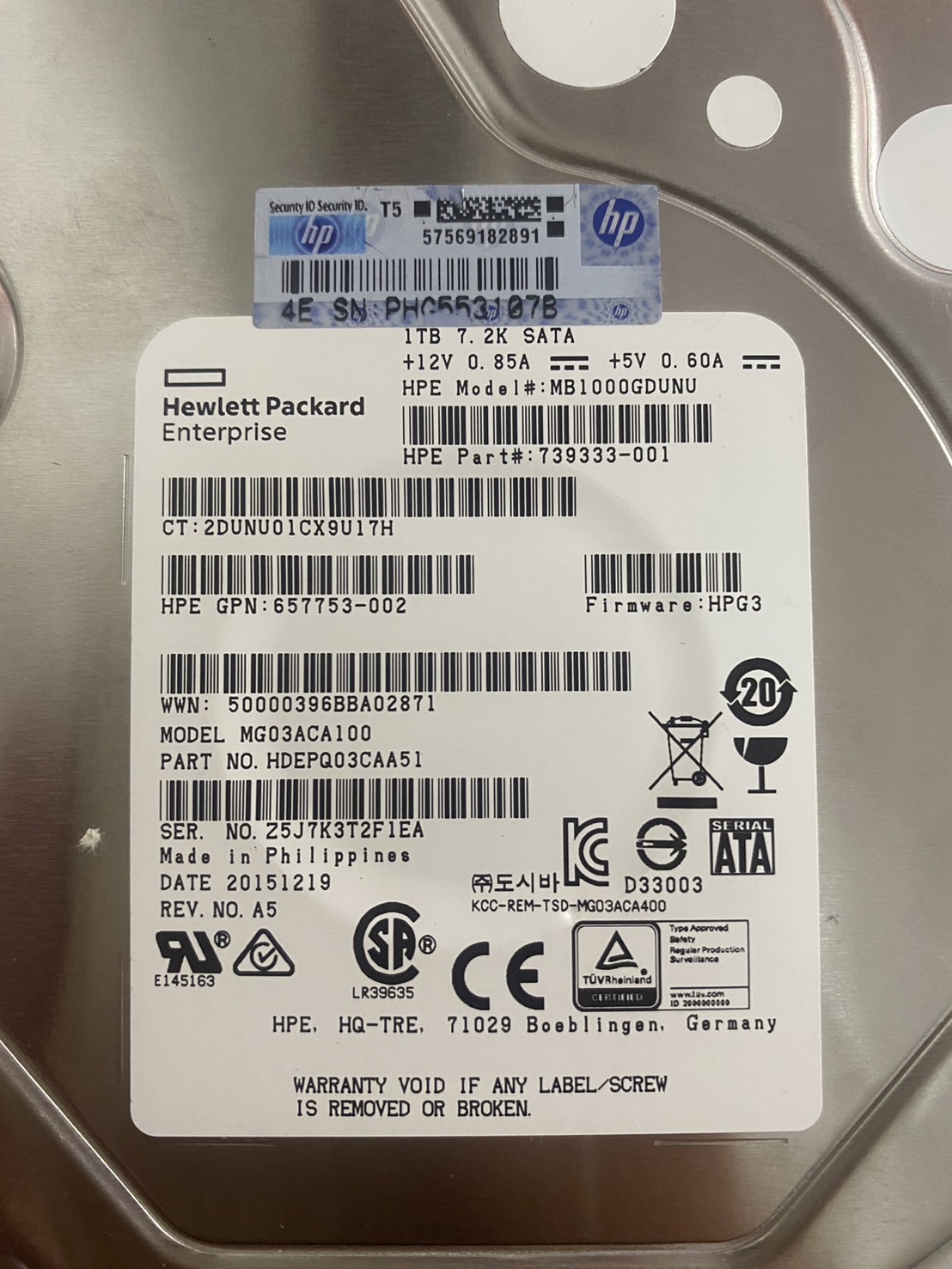 HP 1TB 7.2K 6G SATA 3.5" RPM Hard Drive // HDD 739333-001 / Tray 657739-001 / MB1000GDUNU / GPN 657753-002 / MG03ACAA51 (Used) // สินค้ารับประกัน โดย บริษัท อะไหล่เซิร์ฟเวอร์ จำกัด