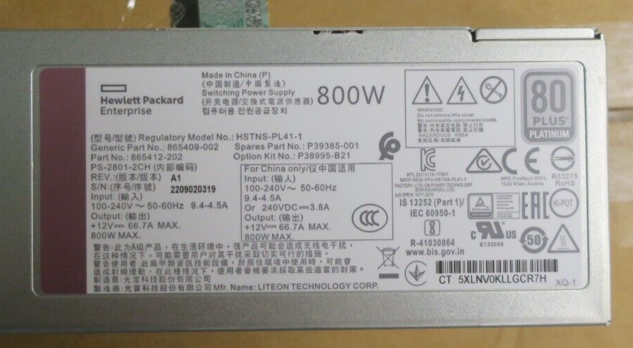 HPE Gen 10 Power Supply 800W 80 Plus Platinum Hot-Plug FS // P39385-001 / 865409-002 / 865412-202 / 865414-B21 / P38995-B21 (New In Box) // สินค้ารับประกัน โดย บริษัท อะไหล่เซิร์ฟเวอร์ จำกัด