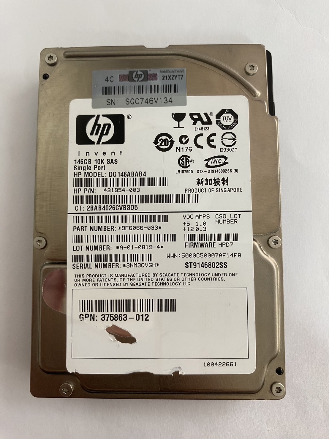 HP 146Gb 10K 3GB SAS 2.5'' Hard Drive // HDD 431954-003 / GPN 375863-012 / DG146ABAB4 / ST9146802SS / 9F6066-033 (Used) // สินค้ารับประกัน โดย บริษัท อะไหล่เซิร์ฟเวอร์ จำกัด