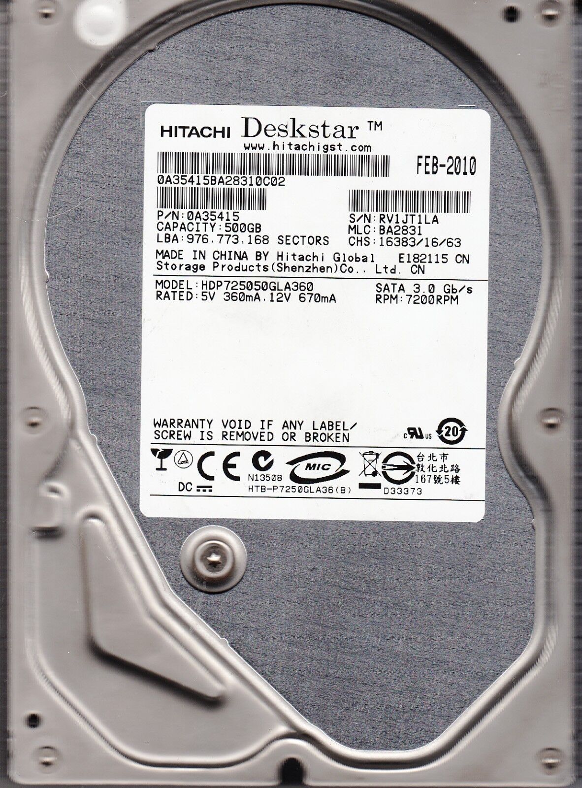 Hitachi 500GB 7.2K Sata 3.5" Hard Disk // HDP725050GLA360 / P/N 0A35415 (Used) // สินค้ารับประกัน โดย บริษัท อะไหล่เซิร์ฟเวอร์ จำกัด