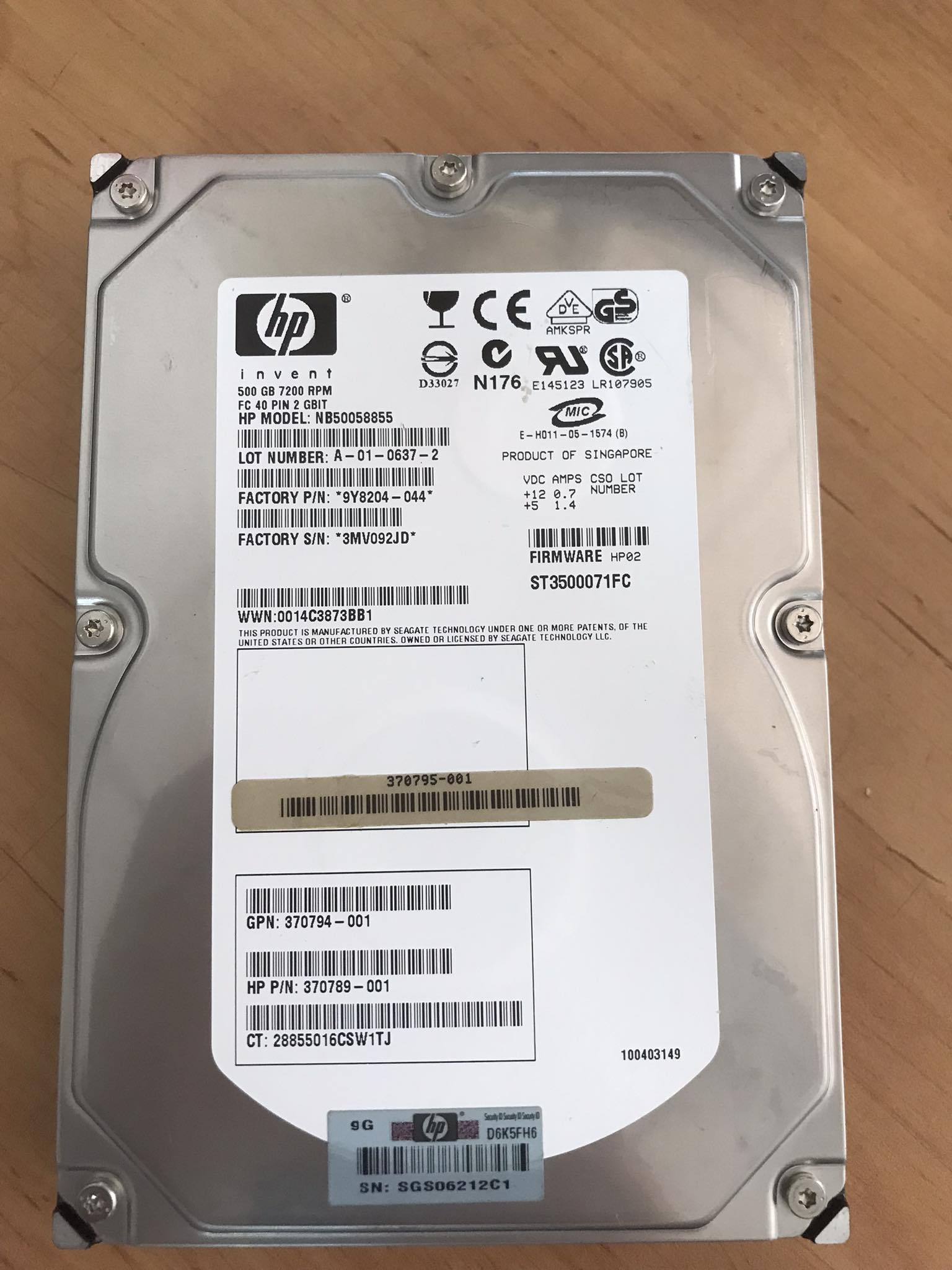 HP 500GB 7.2K 3.5" Fiber Dual Port FATA HDD No Tray // NB50058855 / HP 370789-001 / GPN 370794-001 / 370795-001 ( ST3500071FC ) (Used) // สินค้ารับประกัน โดย บริษัท อะไหล่เซิร์ฟเวอร์ จำกัด