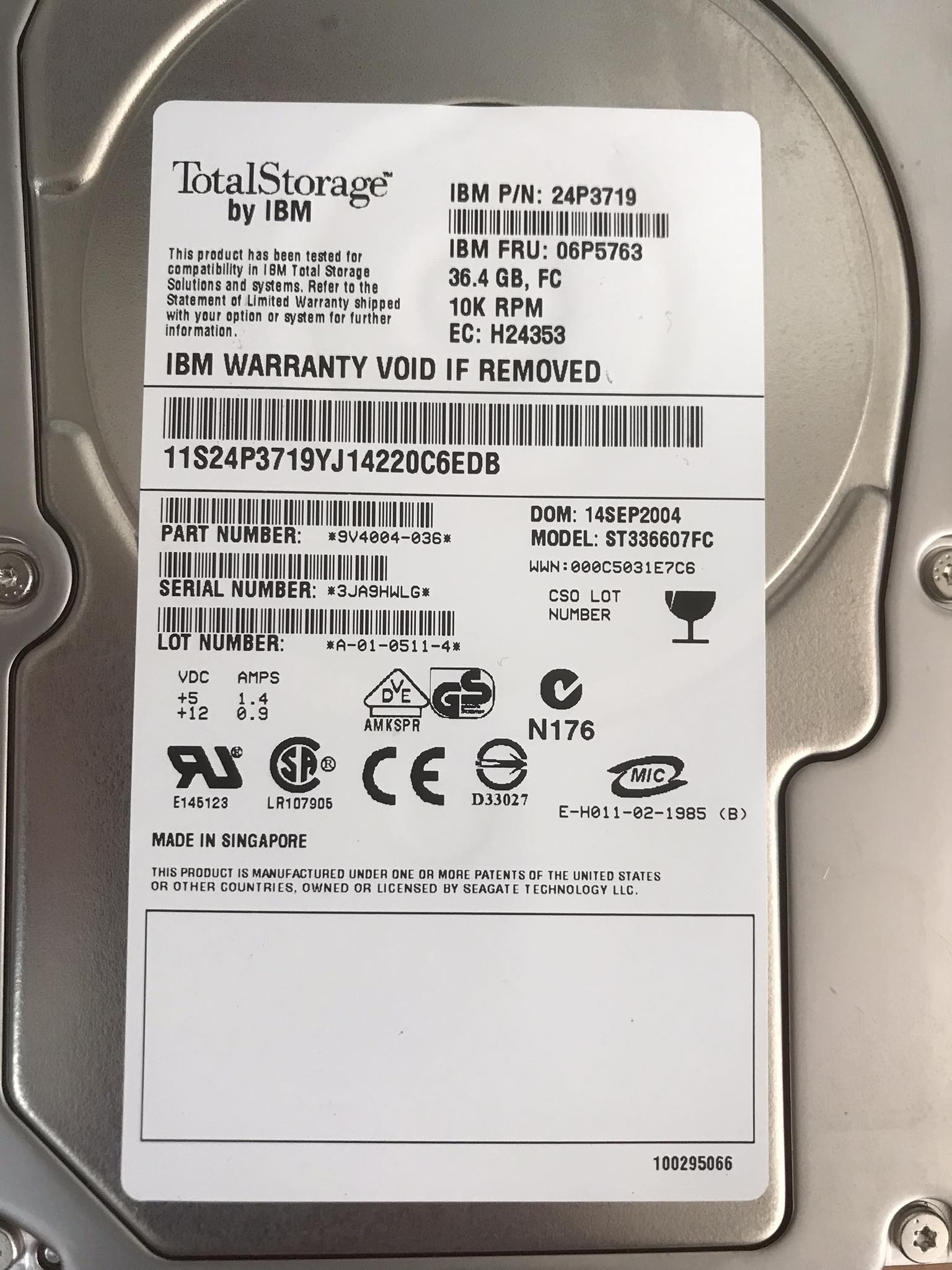 IBM 36.4GB 10K Fibre Channel 3.5 Hard Drive // 06P5763 / 24P3719 / ST336607FC (Used) // สินค้ารับประกัน โดย บริษัท อะไหล่เซิร์ฟเวอร์ จำกัด