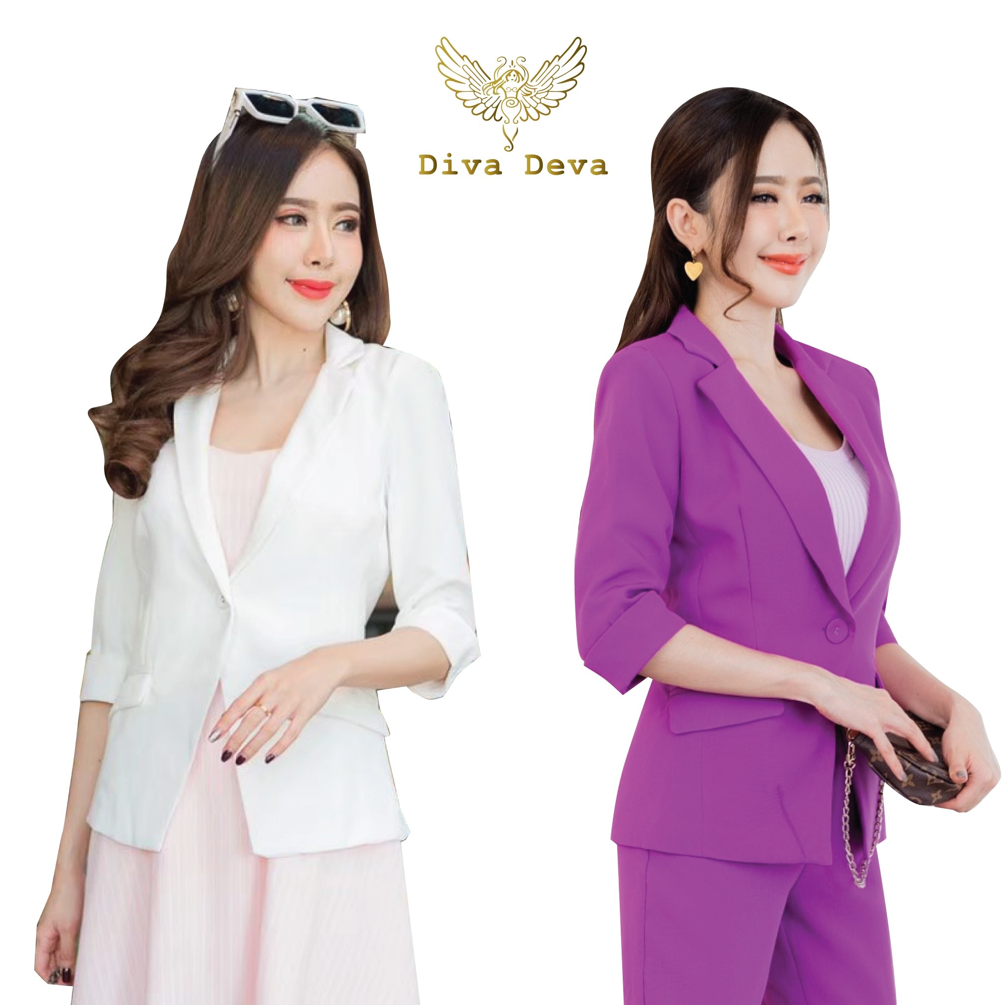 เสื้อสูทผู้หญิงแขนสี่ส่วนขาว สีม่วงองุ่น No.2235