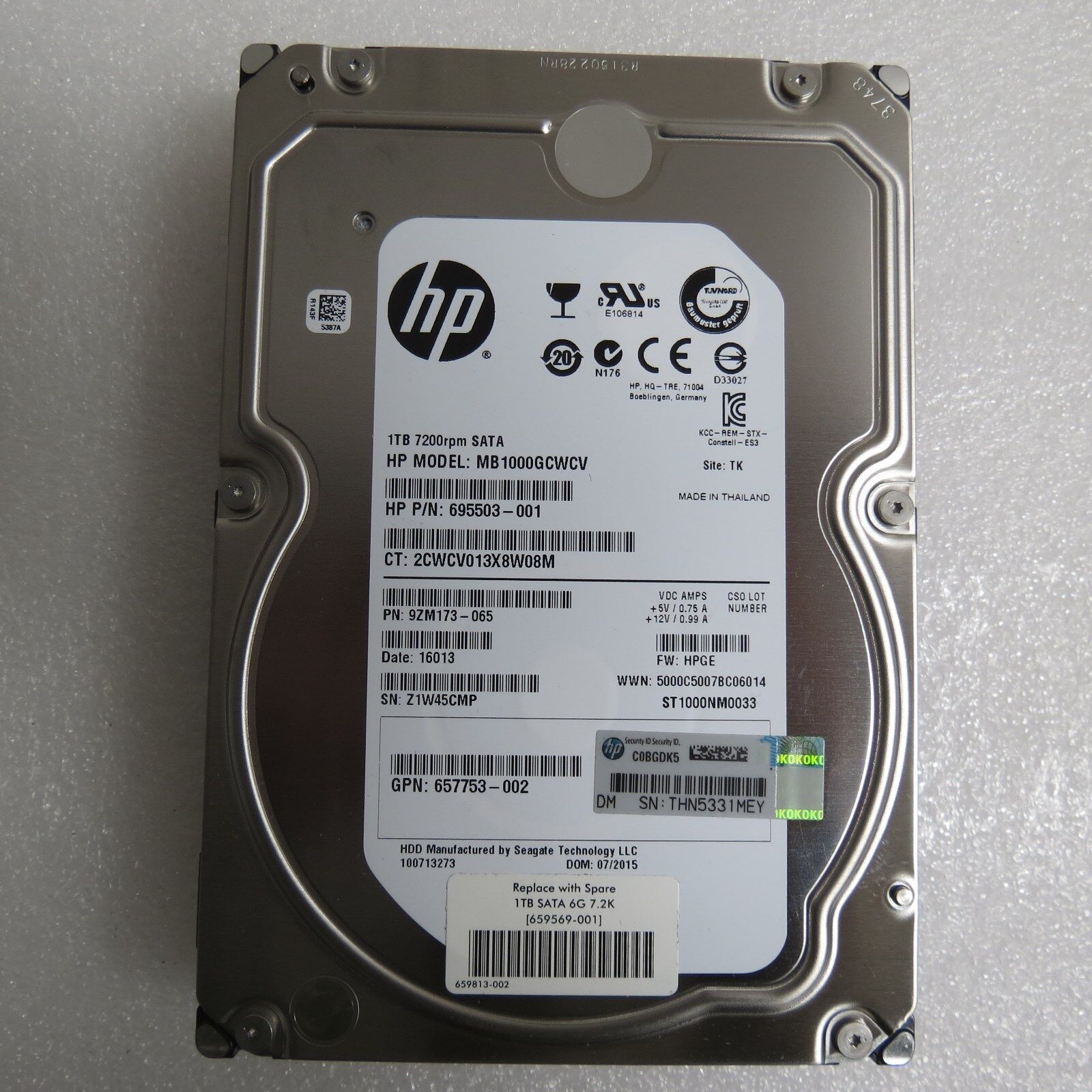 HP 1TB 7.2K Sata 6G 3.5" HDD // 695503-001, GPN 657753-002, 659569-001, MB1000GCWCV, ST1000NM0033, Tray 657739-001 (Used) // สินค้ารับประกัน โดย บริษัท อะไหล่เซิร์ฟเวอร์ จำกัด