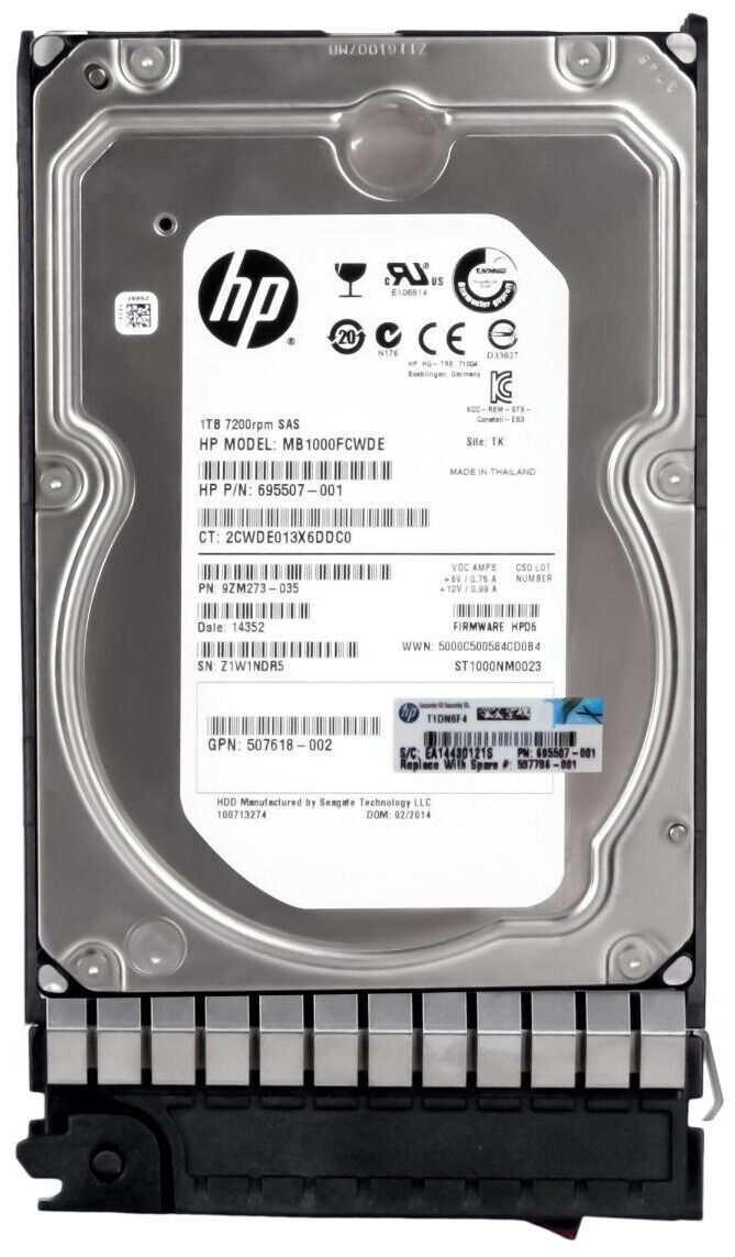 HP 1TB 7.2K 6G SAS 3.5'' // HDD 695507-001 / GPN 507618-002 / MB1000FCWDE / (ST1000NM0023) / TRAY 508011-001 (Used) // สินค้ารับประกัน โดย บริษัท อะไหล่เซิร์ฟเวอร์ จำกัด