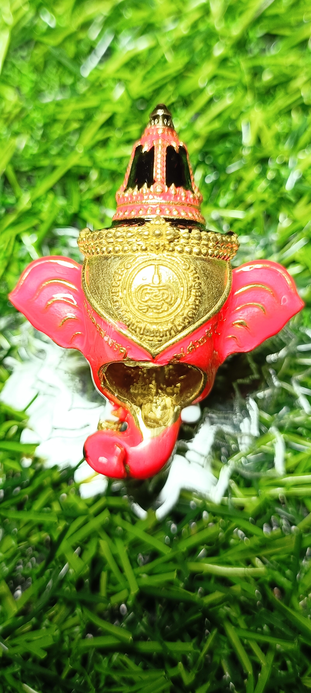 เศียรพระพิฆเณศประทานพร หลวงพ่อพัฒน์ วัดห้วยด้วน ปี 2565 เนื้อทองทิพย์ลงยาชมพู หมายเลข๔๙