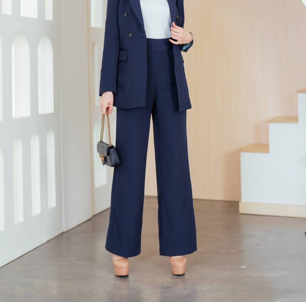 No.2259-2 กางเกงทำงานเอวสูงขากระบอกใหญ่ สีขาว/สีดำ/สีกรม