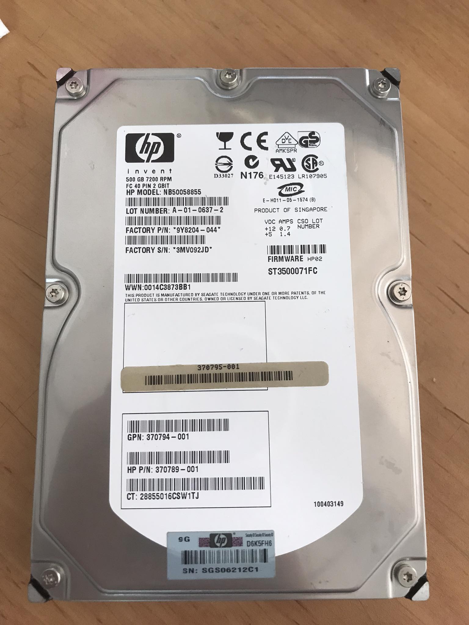 HP 500GB 7.2K 3.5" Fiber Dual Port FATA HDD No Tray // NB50058855 / HP 370789-001 / GPN 370794-001 / 370795-001 ( ST3500071FC ) (Used) // สินค้ารับประกัน โดย บริษัท อะไหล่เซิร์ฟเวอร์ จำกัด