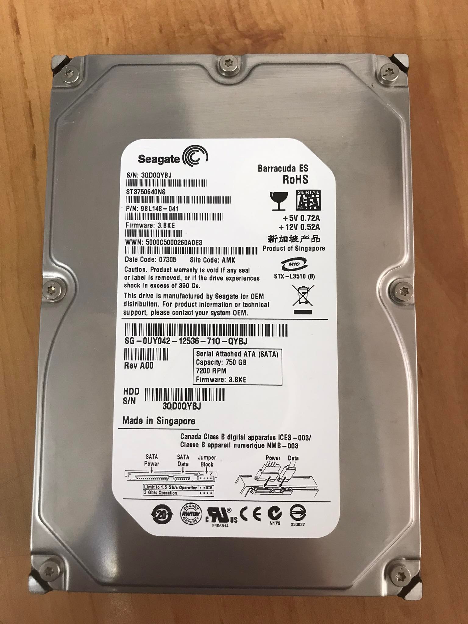 Dell / Seagate 750GB 7.2K 3G SATA 3.5" Hard Drive // 0UY042 / UY042 / ST3750640NS (Used) // สินค้ารับประกัน โดย บริษัท อะไหล่เซิร์ฟเวอร์ จำกัด