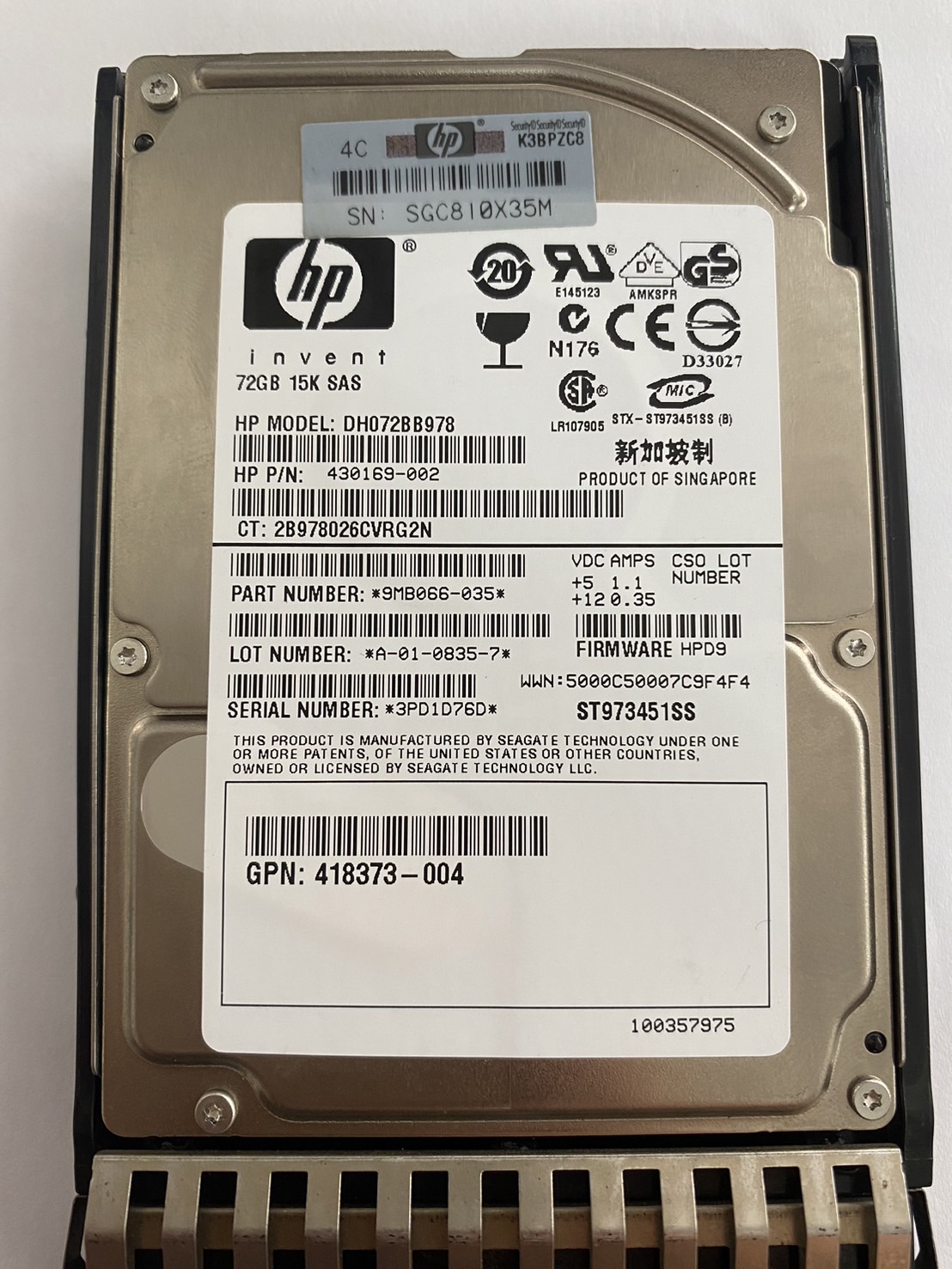 HP 72GB 15K SAS 3G 2.5" 16MB Cache // HDD 430169-002 / Tray 418398-001 / GPN 418373-004 / / DH072BB978 / ST73451SS / 9MB066-035 (Used) // สินค้ารับประกัน โดย บริษัท อะไหล่เซิร์ฟเวอร์ จำกัด