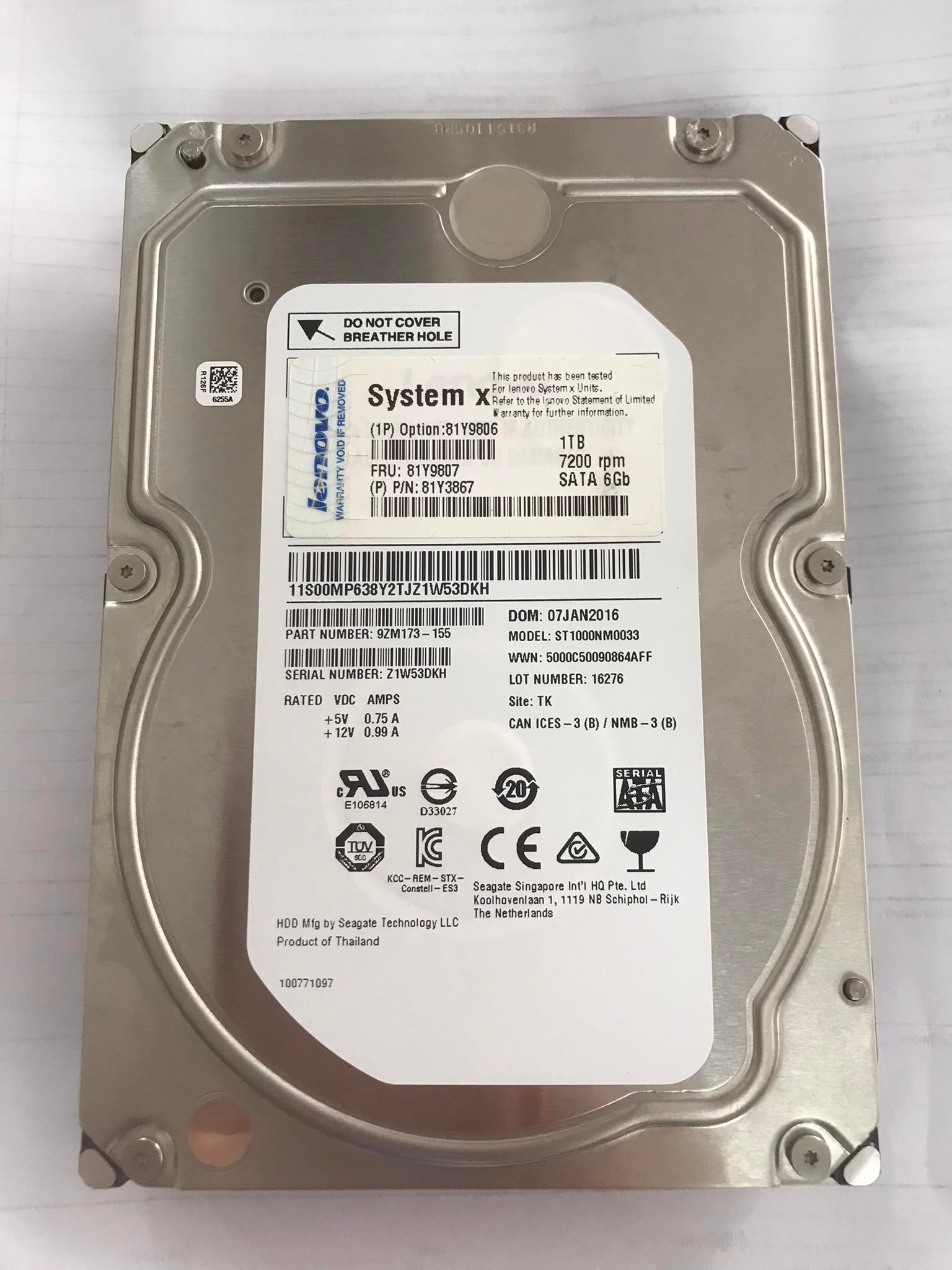 Lenovo 1TB 7.2K Sata 6Gbps NL 3.5" Hard Disk Server // 81Y9807 / 81Y9806 / 81Y3867 (USED) สินค้ารับประกัน โดย บริษัท อะไหล่เซิร์ฟเวอร์ จำกัด