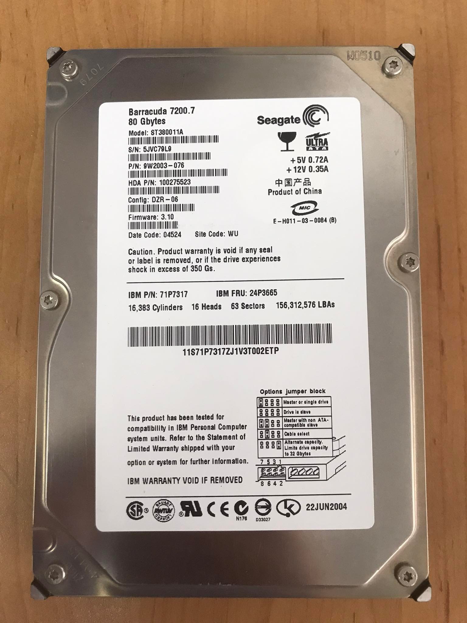Seagate 80GB IDE HD CONFIG DZR-06 FIRMWARE 3.10 DAT // ST380011A IBM 24P3665 9W2003-076 100275523 71P7317 (Used) // สินค้ารับประกัน โดย บริษัท อะไหล่เซิร์ฟเวอร์ จำกัด