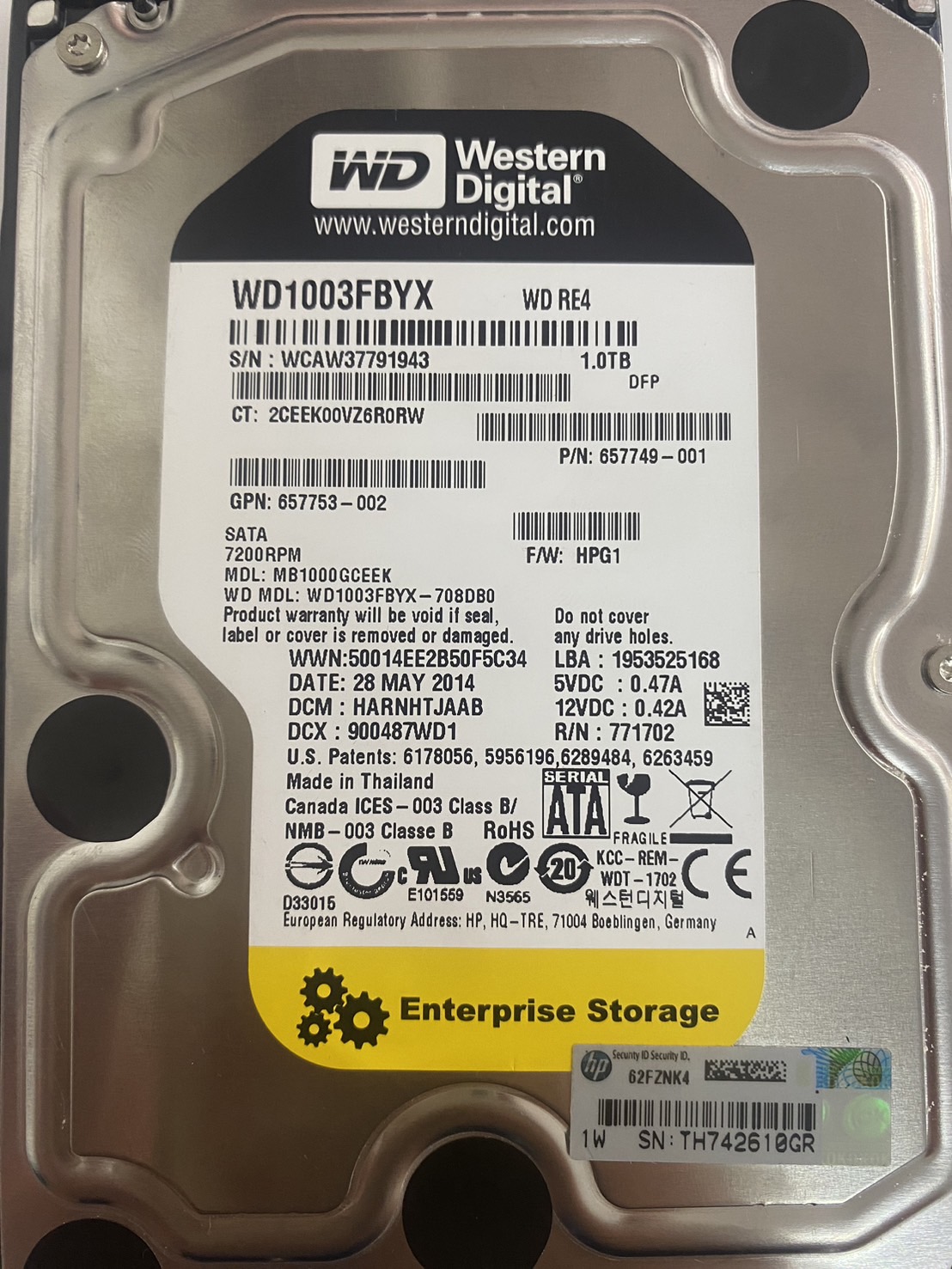 HP 1TB 7.2K 3G SATA LFF Hard Drive // WD1003FBYX / (Used) // สินค้ารับประกัน โดย บริษัท อะไหล่เซิร์ฟเวอร์ จำกัด