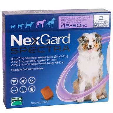 Nexgard Spectra 15-30 kg ยาเม็ดชนิดเคี้ยว สำหรับสุนัขน้ำหนัก 15 ถึง 30 กิโล (1กล่อง บรรจุ 3เม็ด)