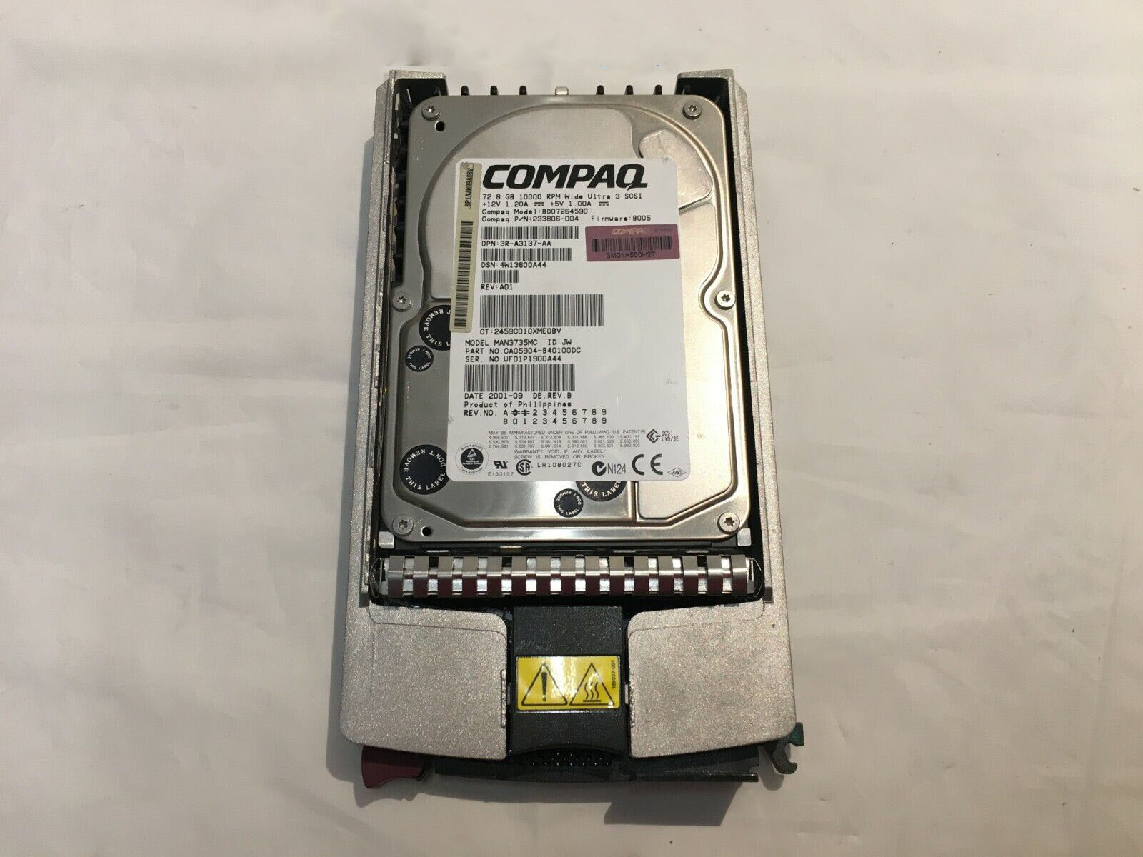 Compaq SCSI 3.5" 72.8GB 10K RPM 8MB HDD // BD0726459C / HDD 233806-004 / CA05904-B40100DC / MAN3735MC / TRAY 233349-001 (Used) // สินค้ารับประกัน โดย บริษัท อะไหล่เซิร์ฟเวอร์ จำกัด