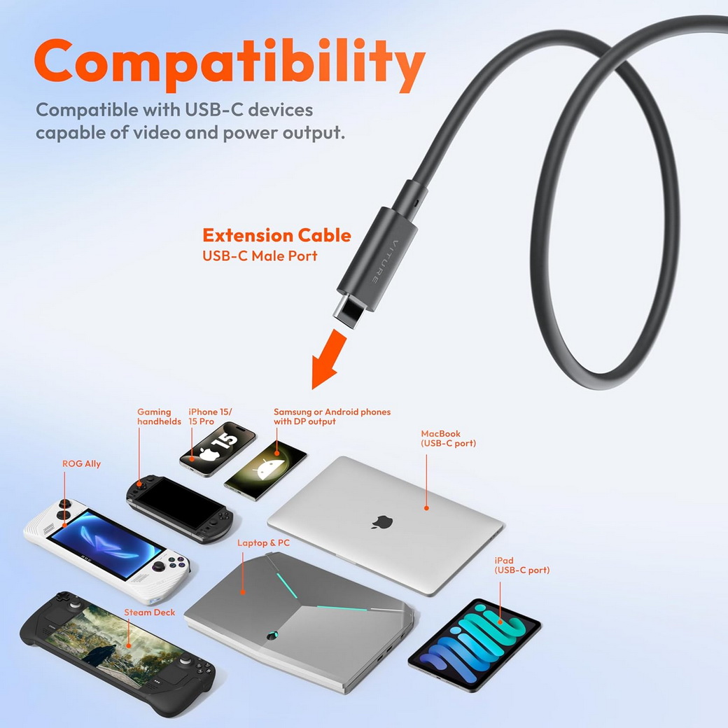 VITURE : 50cm USB-C Extension Cable – เชื่อมต่อได้สบายยิ่งขึ้น ดูหนัง เล่นเกม หรือทำงาน ไม่ต้องถือให้เมื่อย