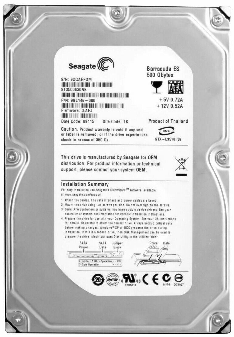 Seagate Barracuda ES 500GB SATA II 7200RPM 16MB 3.5" HARD DRIVE // ST3500630NS (Used) // สินค้ารับประกัน โดย บริษัท อะไหล่เซิร์ฟเวอร์ จำกัด