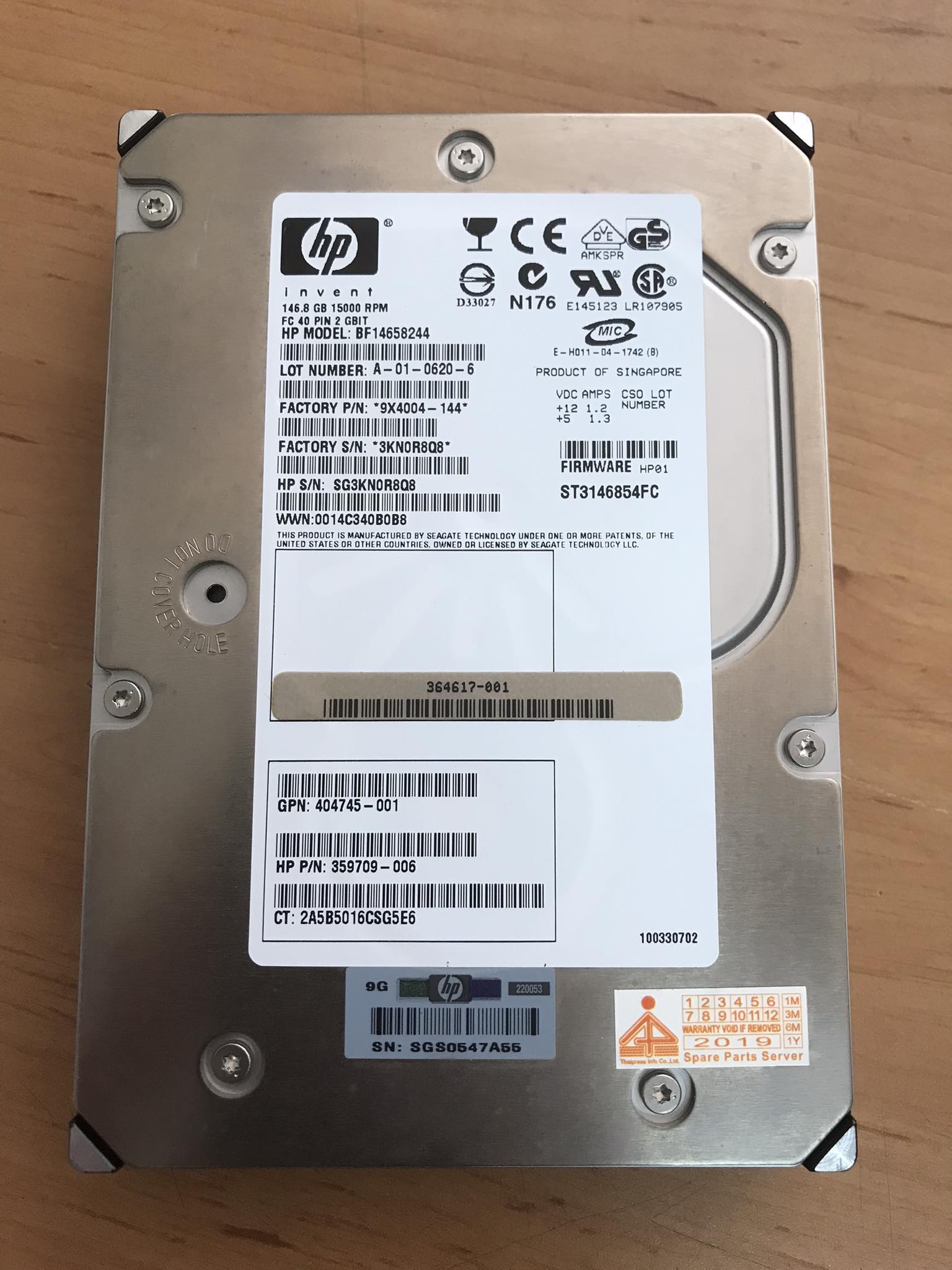 HP 146.8GB 15K FC 3.5'' Hard Drive No Tray // BF14658244 / HP 359709-006 / GPN 404745-001 / 364617-001 / ST3146854FC (Used) // สินค้ารับประกัน โดย บริษัท อะไหล่เซิร์ฟเวอร์ จำกัด