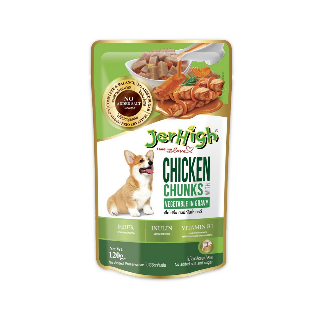 Jerhigh Chicken and vegetable in gravy pouch 120g เจอร์ไฮ ไก่และผักในน้ำเกรวี่ แบบซอง ขนาด 120 กรัม