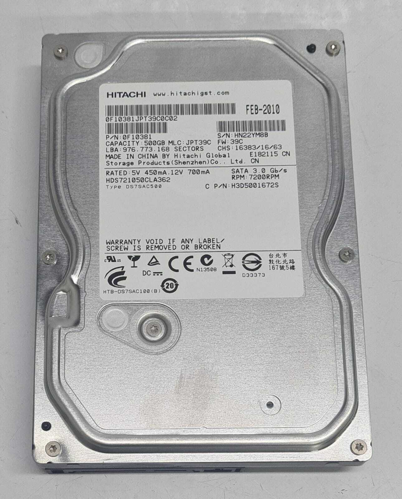 Hitachi Deskstar 500GB Internal 7200 RPM 3.5" SATA 3.0 // 0F10381 / HDS721050CLA362 (Used) // สินค้ารับประกัน โดย บริษัท อะไหล่เซิร์ฟเวอร์ จำกัด