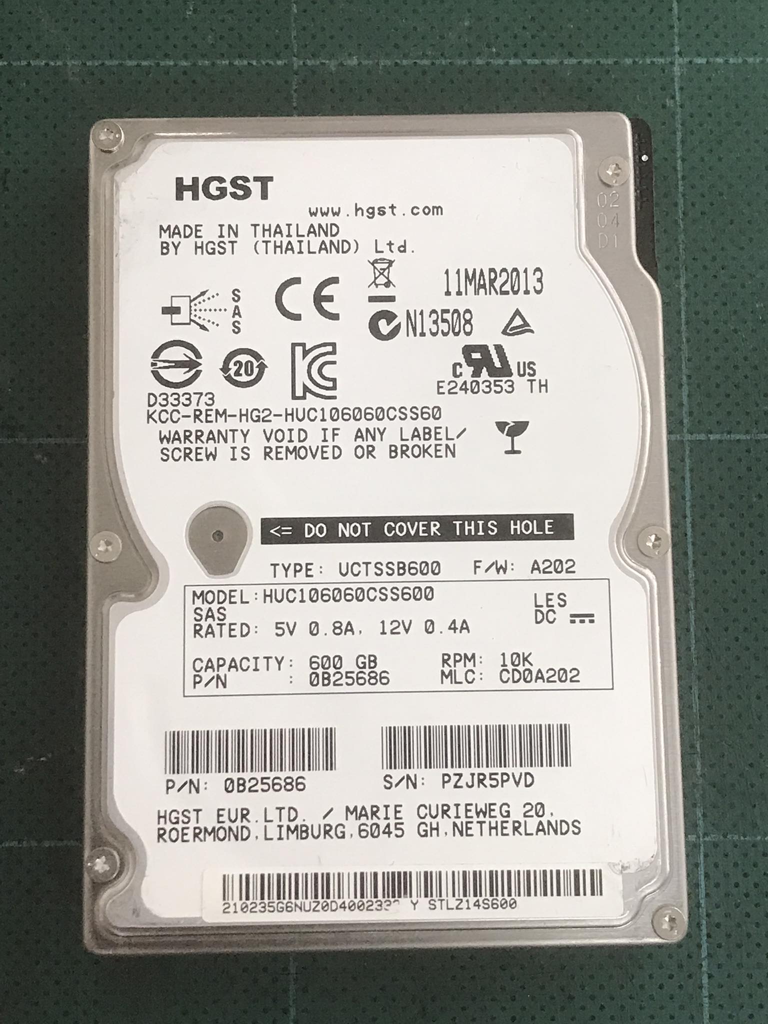 Hgst 600Gb 10K 6G SAS 2.5" HDD Hard Drive // HUC106060CSS600 / 0B25686 (Used) // สินค้ารับประกัน โดย บริษัท อะไหล่เซิร์ฟเวอร์ จำกัด