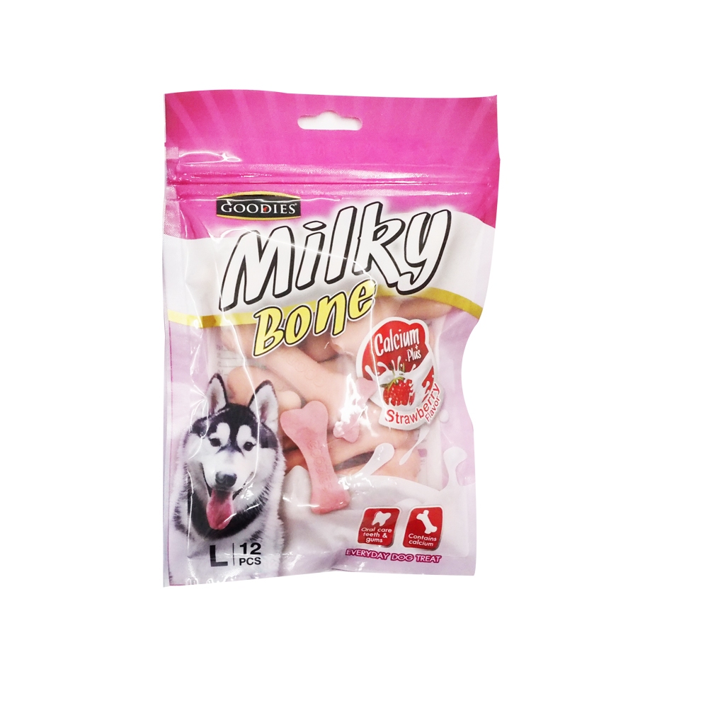Goodies Milky bone plus calcium size L ขนมขัดฟันรูปกระดูก รสสตรอเบอรี่