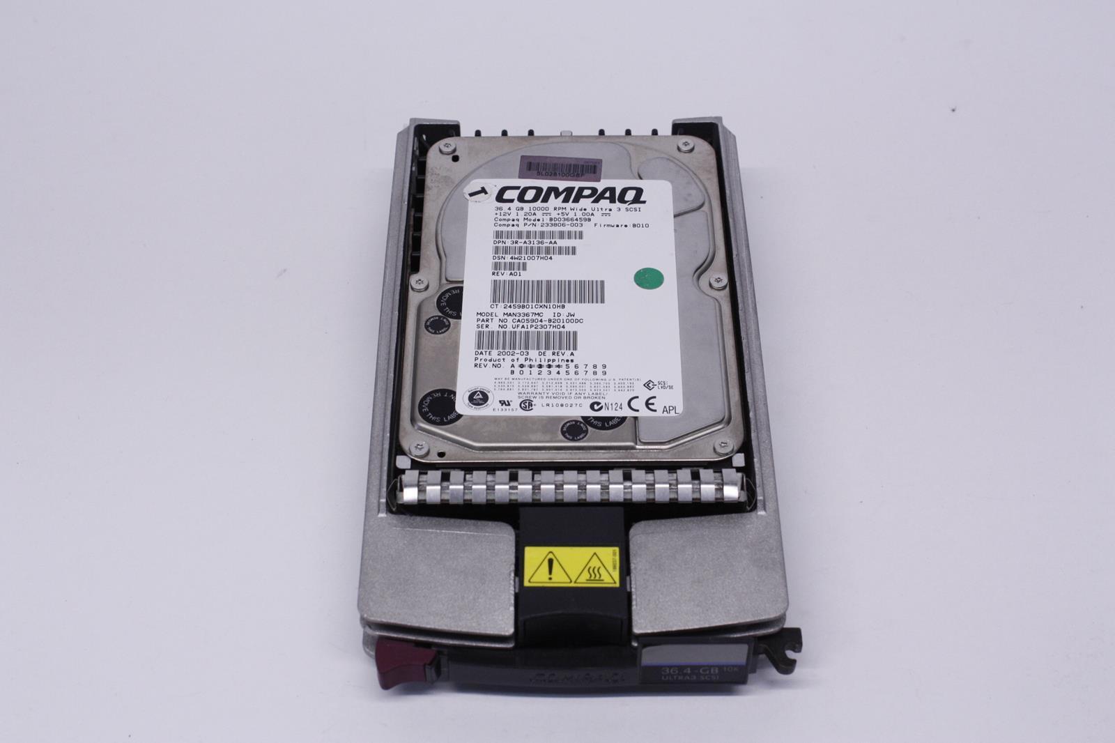 Compaq 36.4GB 10K 3.5"RPM Ultra3 SCSI // BD0366459B / MAN3367MC / 233806-003 / 3R-A3136-AA (Used) // สินค้ารับประกัน โดย บริษัท อะไหล่เซิร์ฟเวอร์ จำกัด