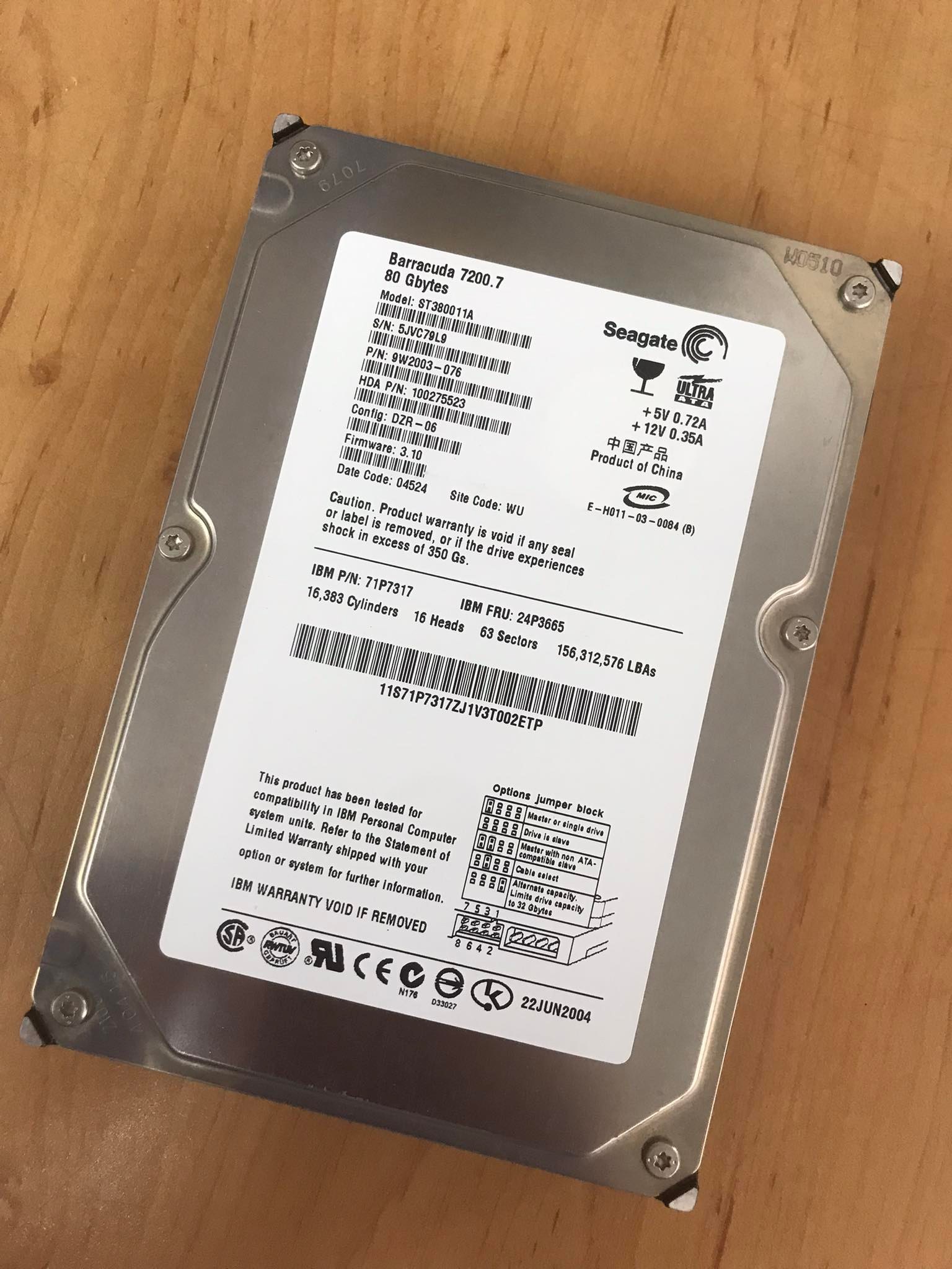 Seagate 80GB IDE HD CONFIG DZR-06 FIRMWARE 3.10 DAT // ST380011A IBM 24P3665 9W2003-076 100275523 71P7317 (Used) // สินค้ารับประกัน โดย บริษัท อะไหล่เซิร์ฟเวอร์ จำกัด