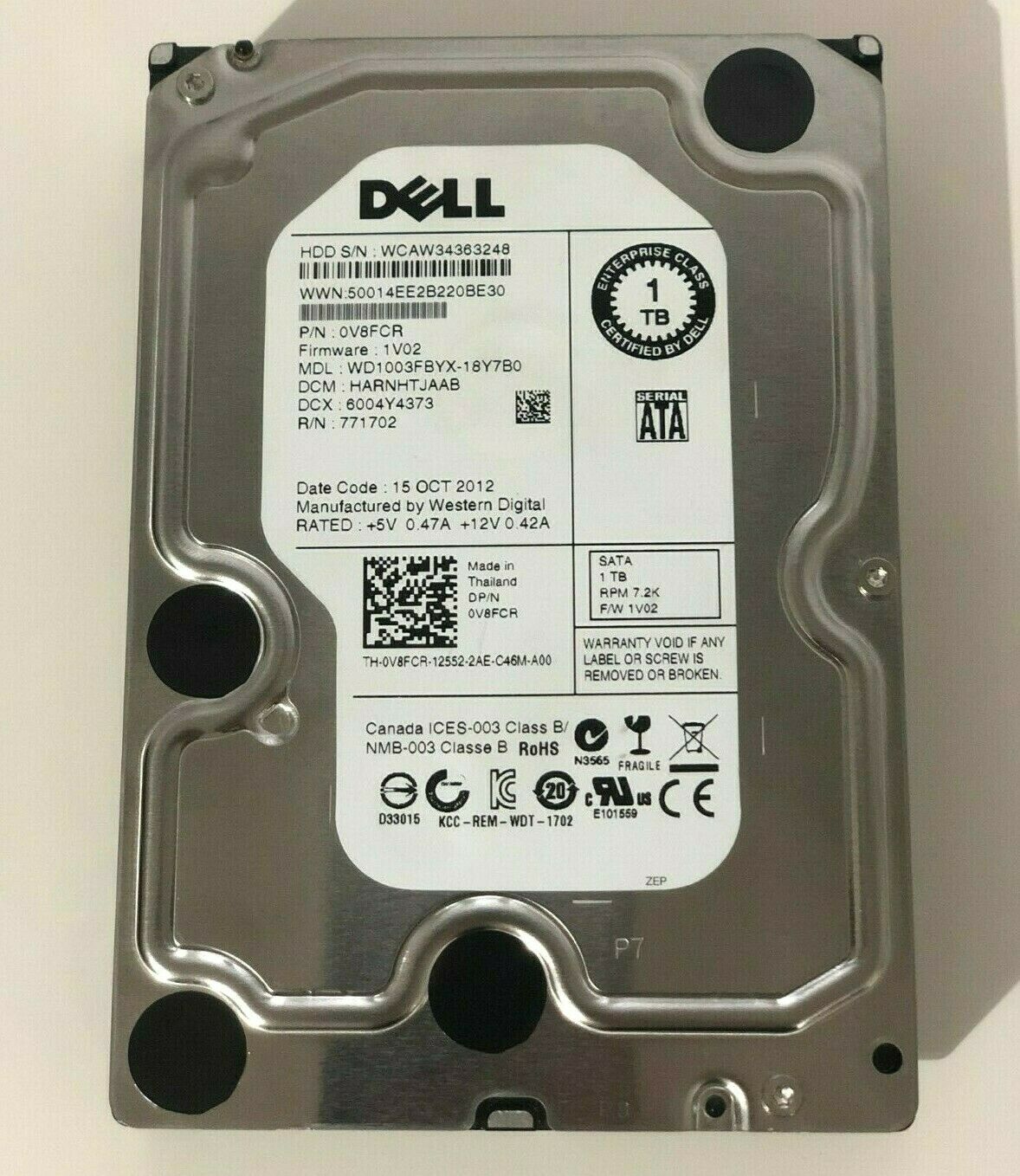 Dell 1TB 7.2K 3G SATA 3.5" HDD Hard Drive // 0V8FCR / WD1003FBYX-18Y7B0 (Used) // สินค้ารับประกัน โดย บริษัท อะไหล่เซิร์ฟเวอร์ จำกัด
