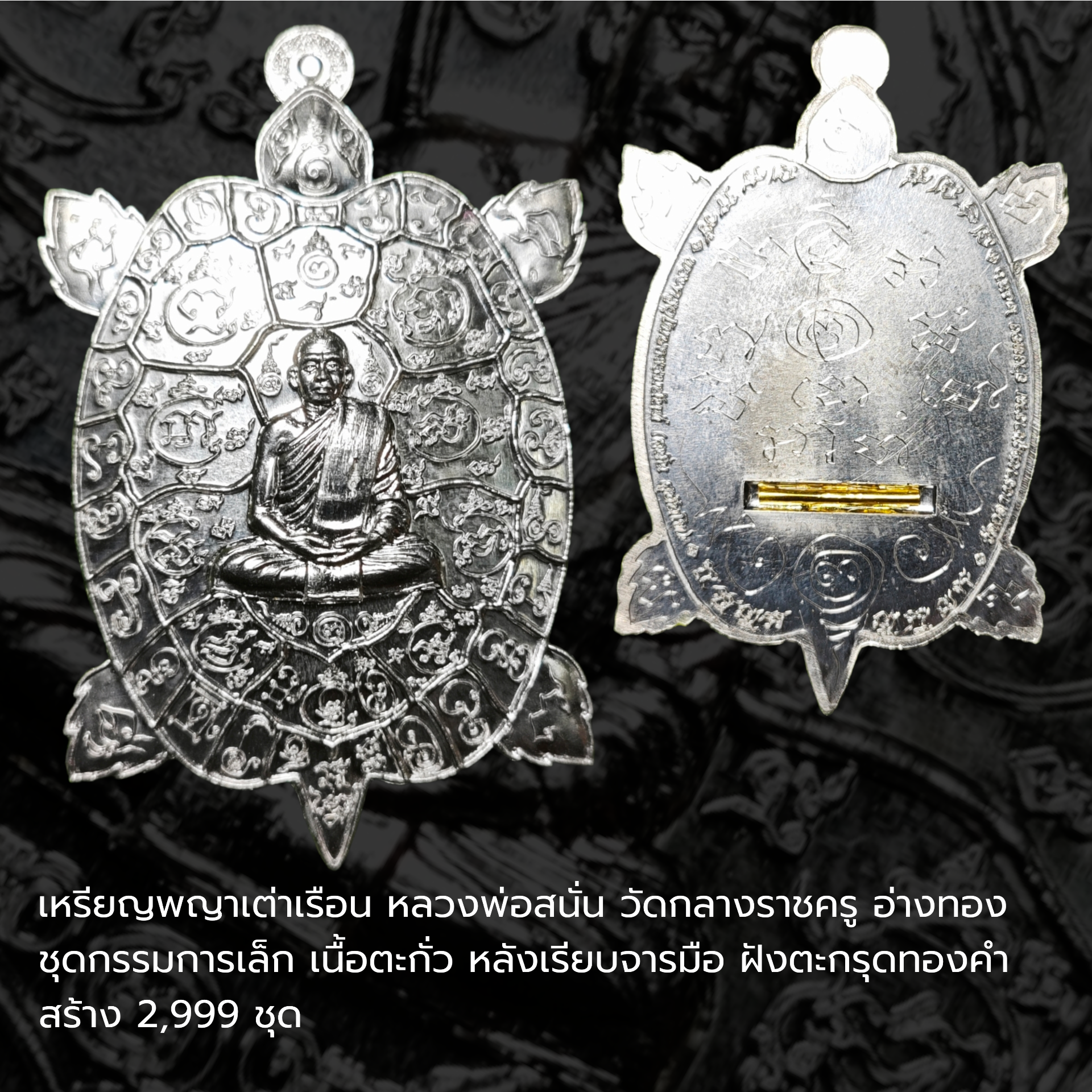 เหรียญพญาเต่าเรือน หลวงพ่อสนั่น วัดกลางราชครู อ่างทอง ชุดกรรมการเล็ก เนื้อตะกั่ว หลังเรียบจารมือ ฝังตะกรุดทองคำ สร้าง 2,999 ชุด