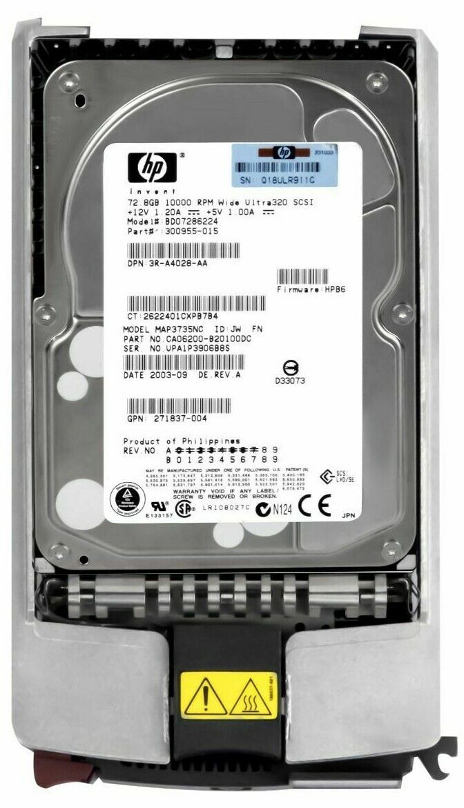 HP 72.8GB 10K 8MB SCSI U320 80-PIN 3.5" Hard Drive // BD07286224 / HP 300955-015 / GPN 271837-004 / 3R-A4028-AA / MAP3735NC / HPB6 (Used) // สินค้ารับประกัน โดย บริษัท อะไหล่เซิร์ฟเวอร์ จำกัด