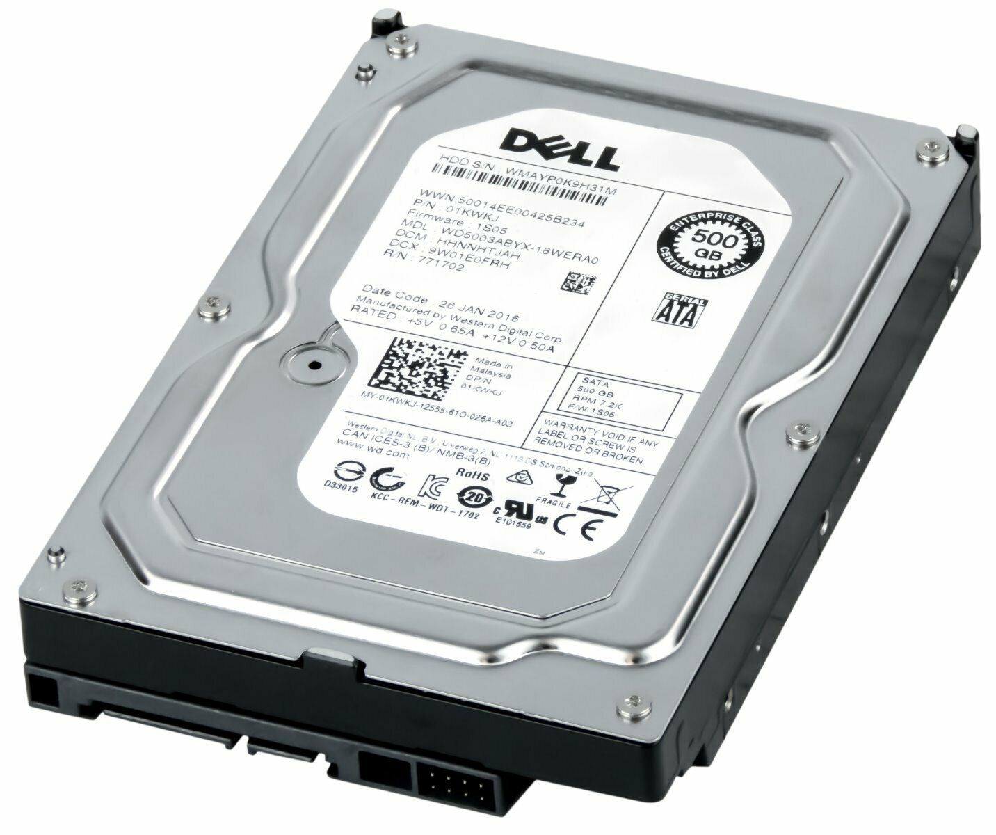 Dell 500GB Enterprise Hard Drive 1KWKJ WD5003ABYX SATA 3Gb/s 3.5" 7200RPM สินค้ารับประกัน โดย บริษัท อะไหล่เซิร์ฟเวอร์ จำกัด