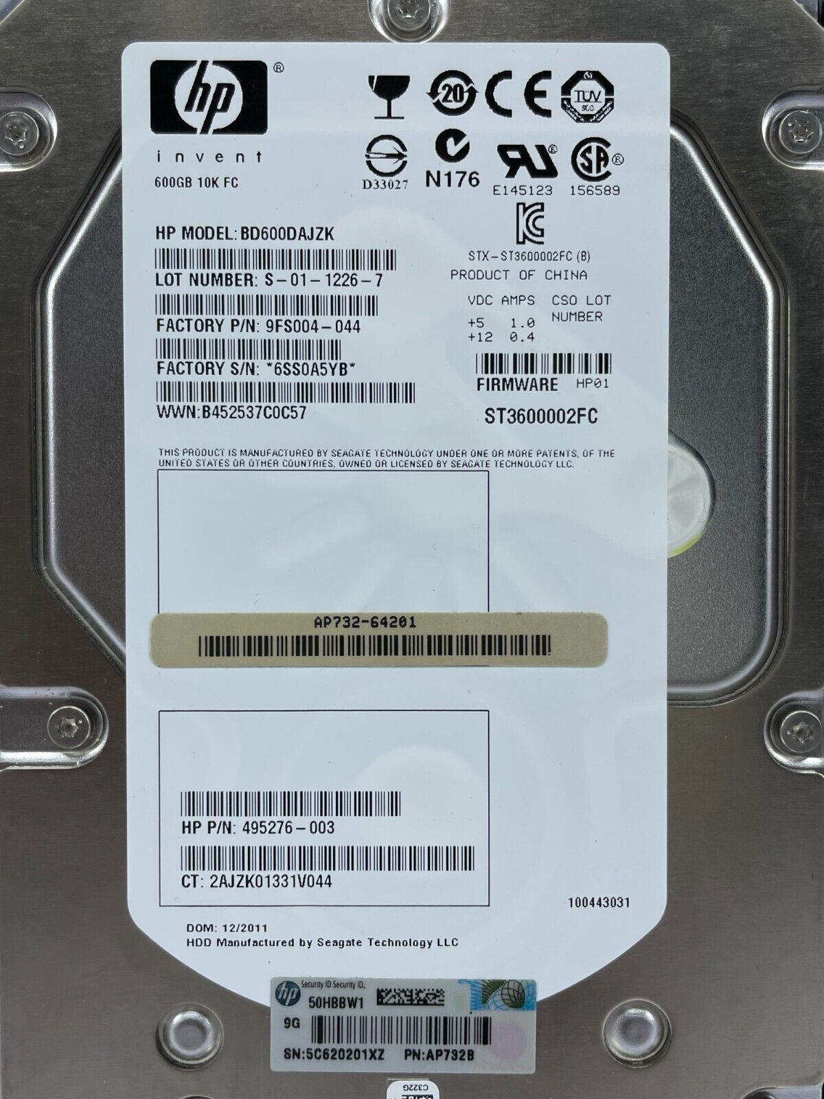 HP 600GB 10K EVA Dual Port Fibre Channel HDD // BD600DAJZK / HP 495276-003 / AP732-64201 / AP732B / ST3600002FC / TRAY 518735-001 (Used) // สินค้ารับประกัน โดย บริษัท อะไหล่เซิร์ฟเวอร์ จำกัด