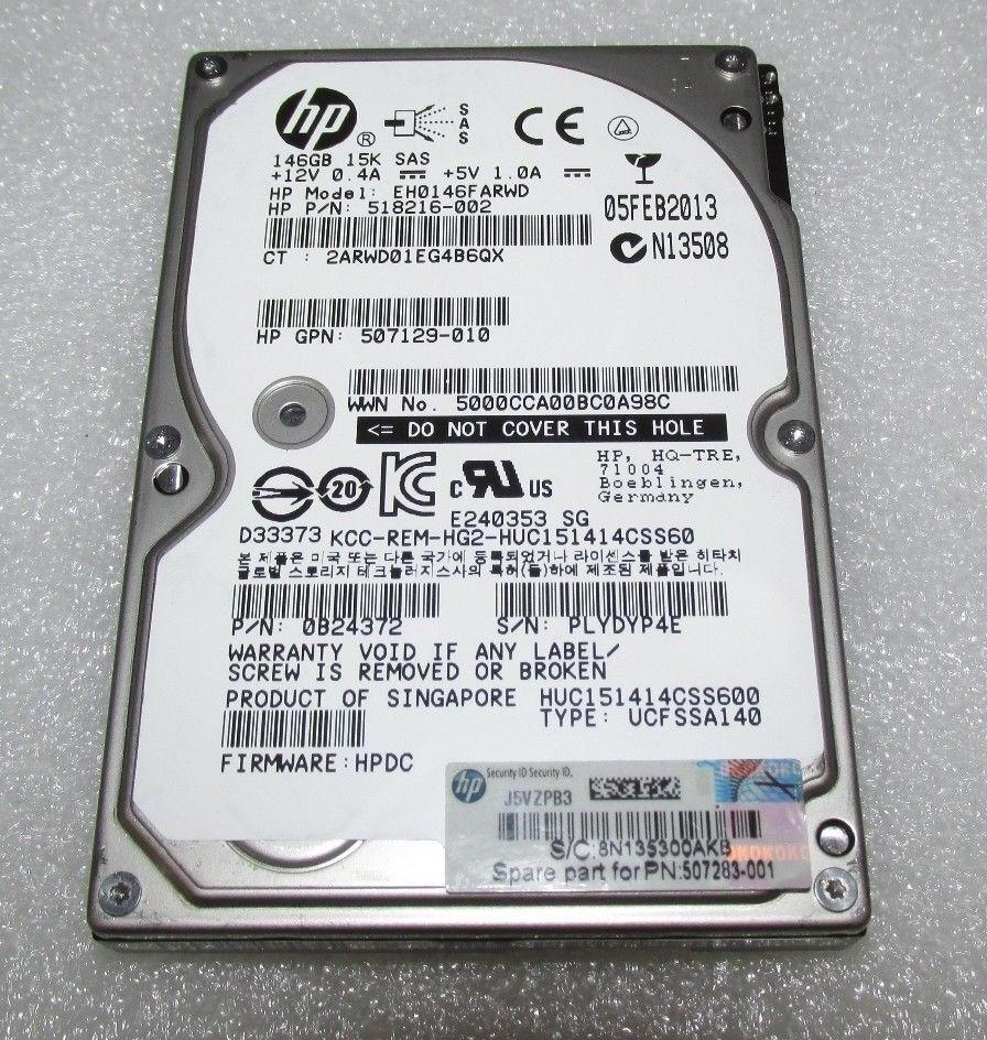 HP 146GB 15K 6G SAS 2.5'' RPM Server Hard Drive // HDD 518216-002 / Tray 512744-001 / EH0146FARWD / 0B24372 / GPS 507129-010 / HUC151414CSS600 (Used) // สินค้ารับประกัน โดย บริษัท อะไหล่เซิร์ฟเวอร์ จำกัด