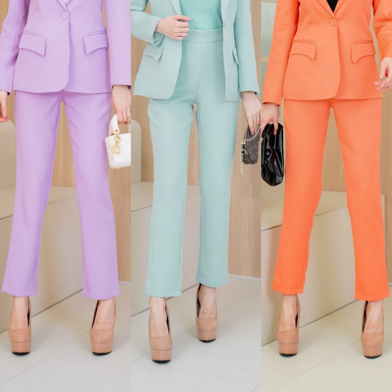No.2249-2 กางเกงขายาวผู้หญิงขากระบอกเล็ก สีม่วง/สีเขียวพาสเทล/สีส้ม