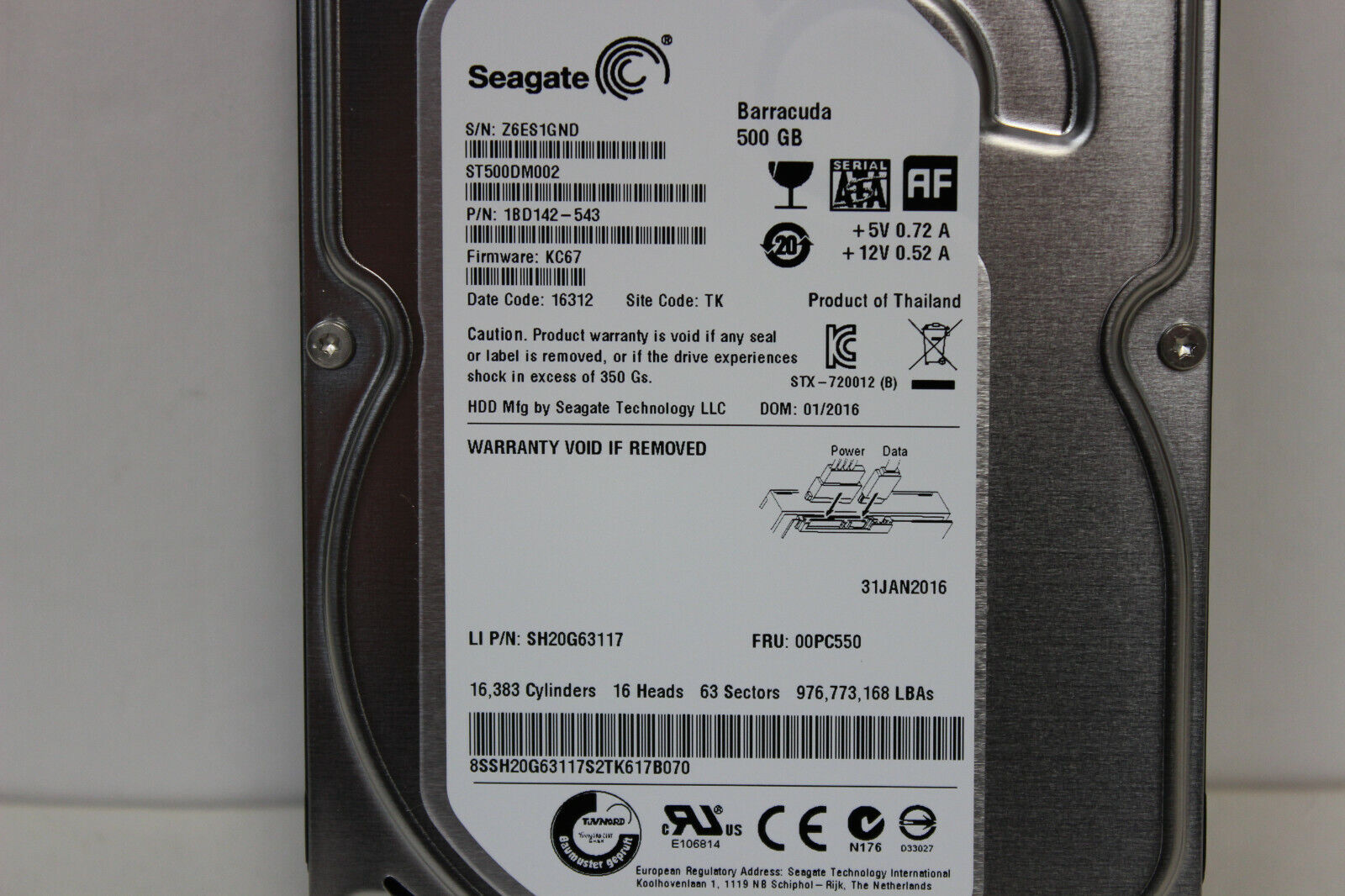 Seagate 500GB 7.2K SATA 6G 3.5" Hard Drive // ST500DM002 / 00PC550 (Used) // สินค้ารับประกัน โดย บริษัท อะไหล่เซิร์ฟเวอร์ จำกัด