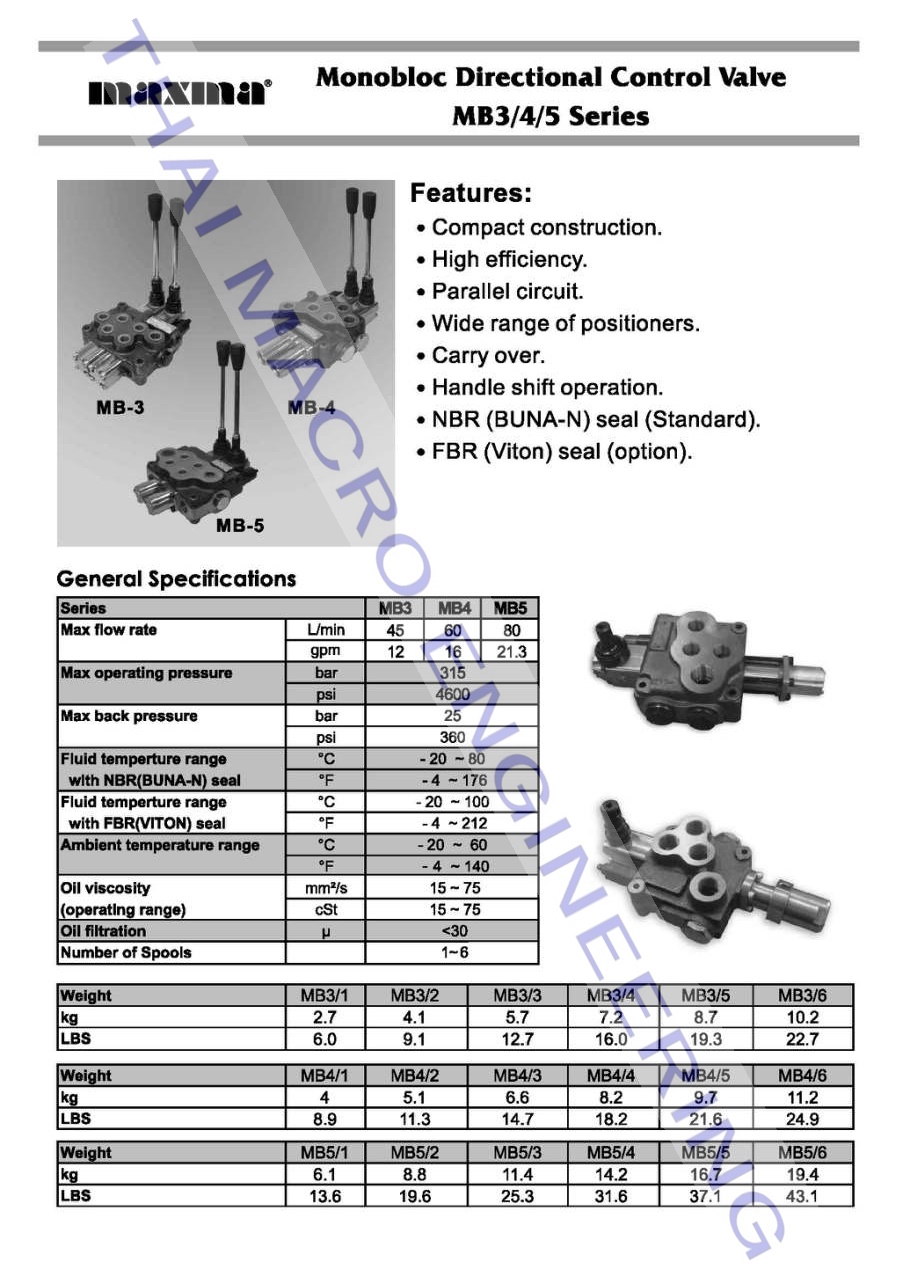 ไฮโดรลิคคอนโทรลวาล์ว(5แกน)hydraulic control valve maxma MB3/5U2 1A1L10(45L/min)(4,600Psi/315Bar)