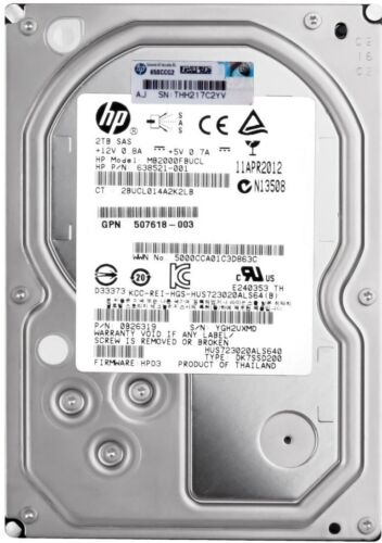 HP 2TB 7.2K SAS 6G 3.5" Hard Drive M6612 / HDD 638521-001 / Tray 602119-001 / 0B26319 / HUS723020ALS640 / MB2000FBUCL / GPN 635334-001 (Used) // สินค้ารับประกัน โดย บริษัท อะไหล่เซิร์ฟเวอร์ จำกัด
