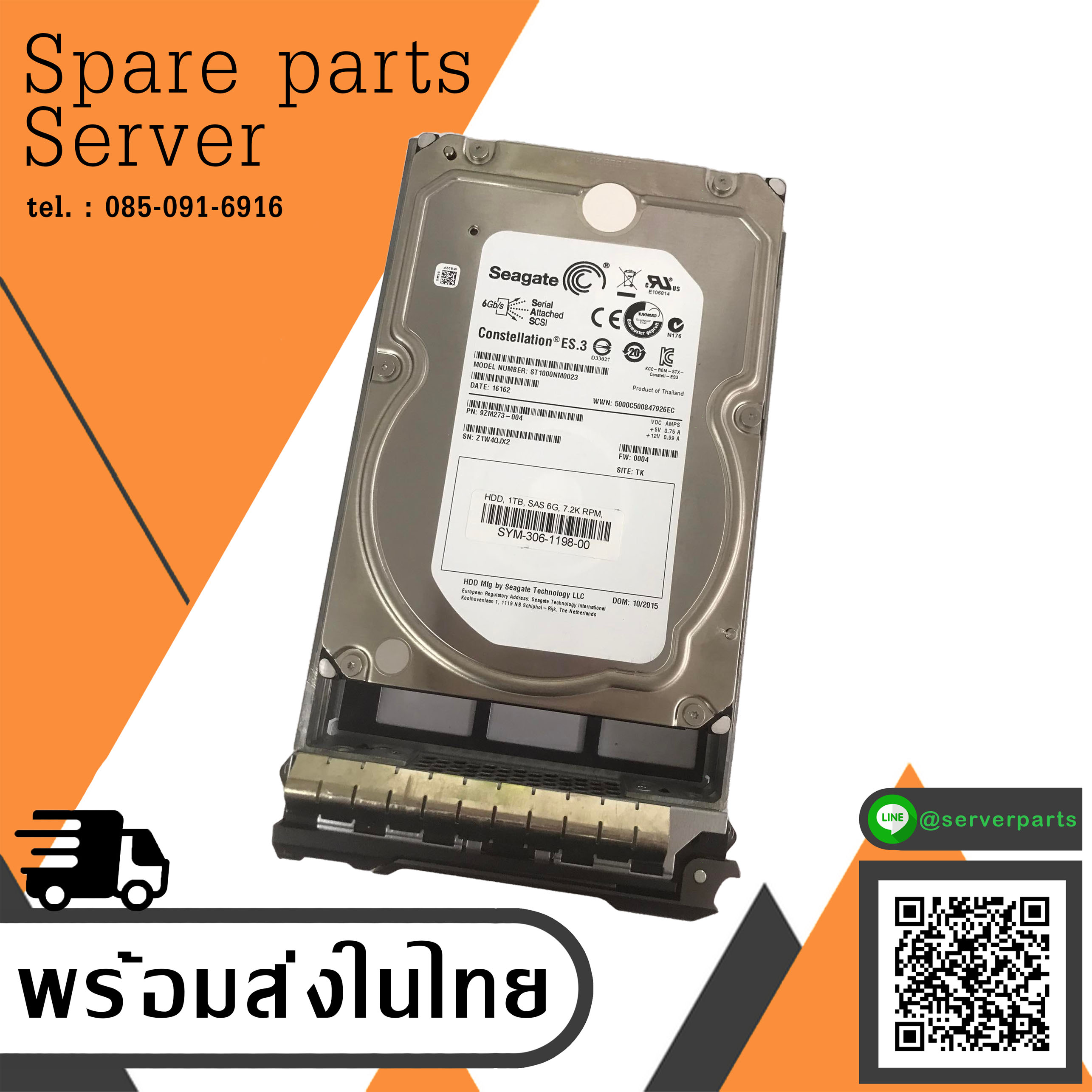 Seagate Constellation 1TB 7.2K 6G SAS 3.5" 128MB HDD Hard Drive // ST1000NM0023 / SYM-306-1198-00 / 9ZM273-004 (Used) // สินค้ารับประกัน โดย บริษัท อะไหล่เซิร์ฟเวอร์ จำกัด