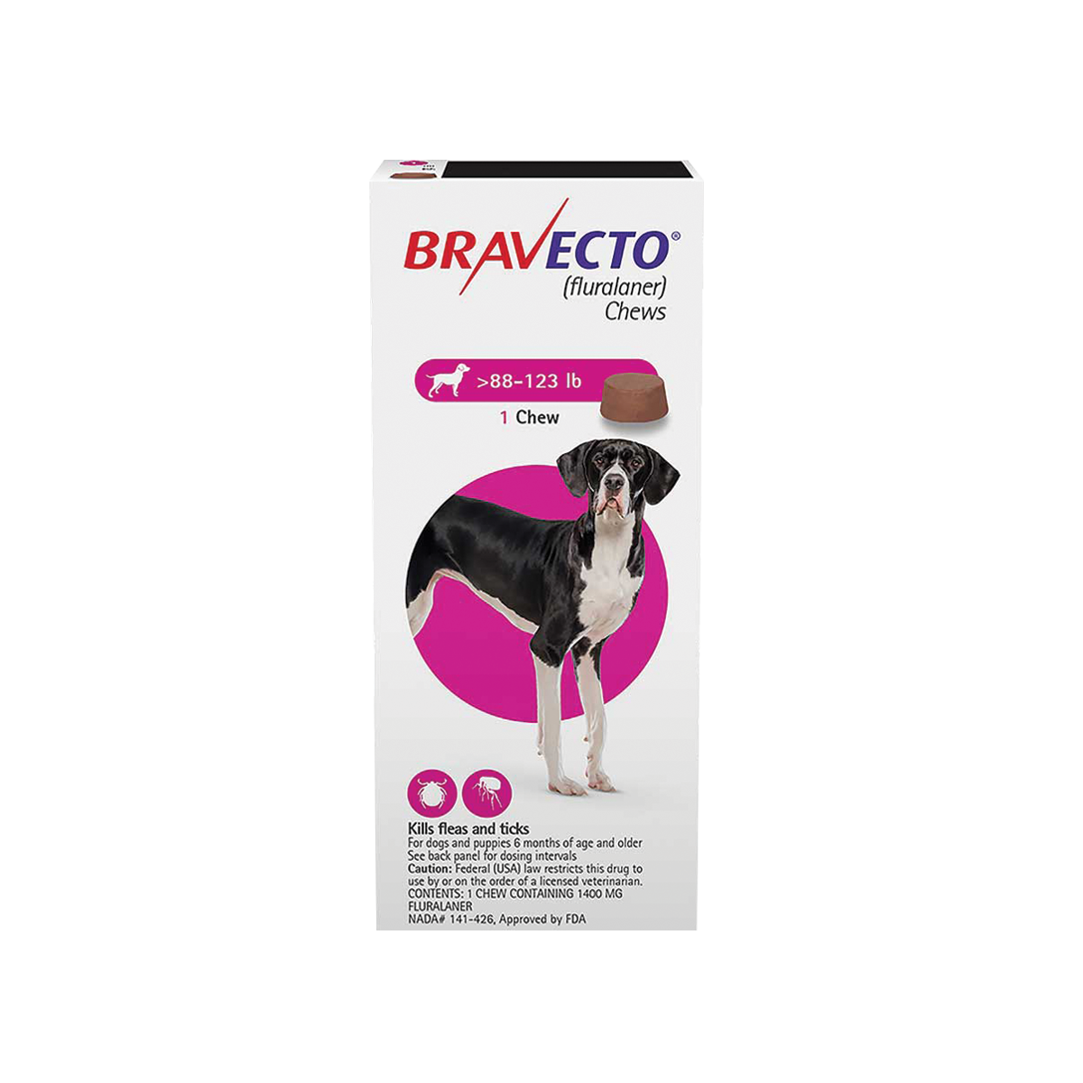 Bravecto chewable tablets 1400 mg for dogs 40-56 kg บราเวคโต ยาเม็ดสำหรับเคี้ยว เพื่อรักษาการติดเห็บ หมัดในสุนัขขนาดใหญ่ น้ำหนัก 40-56 กก.