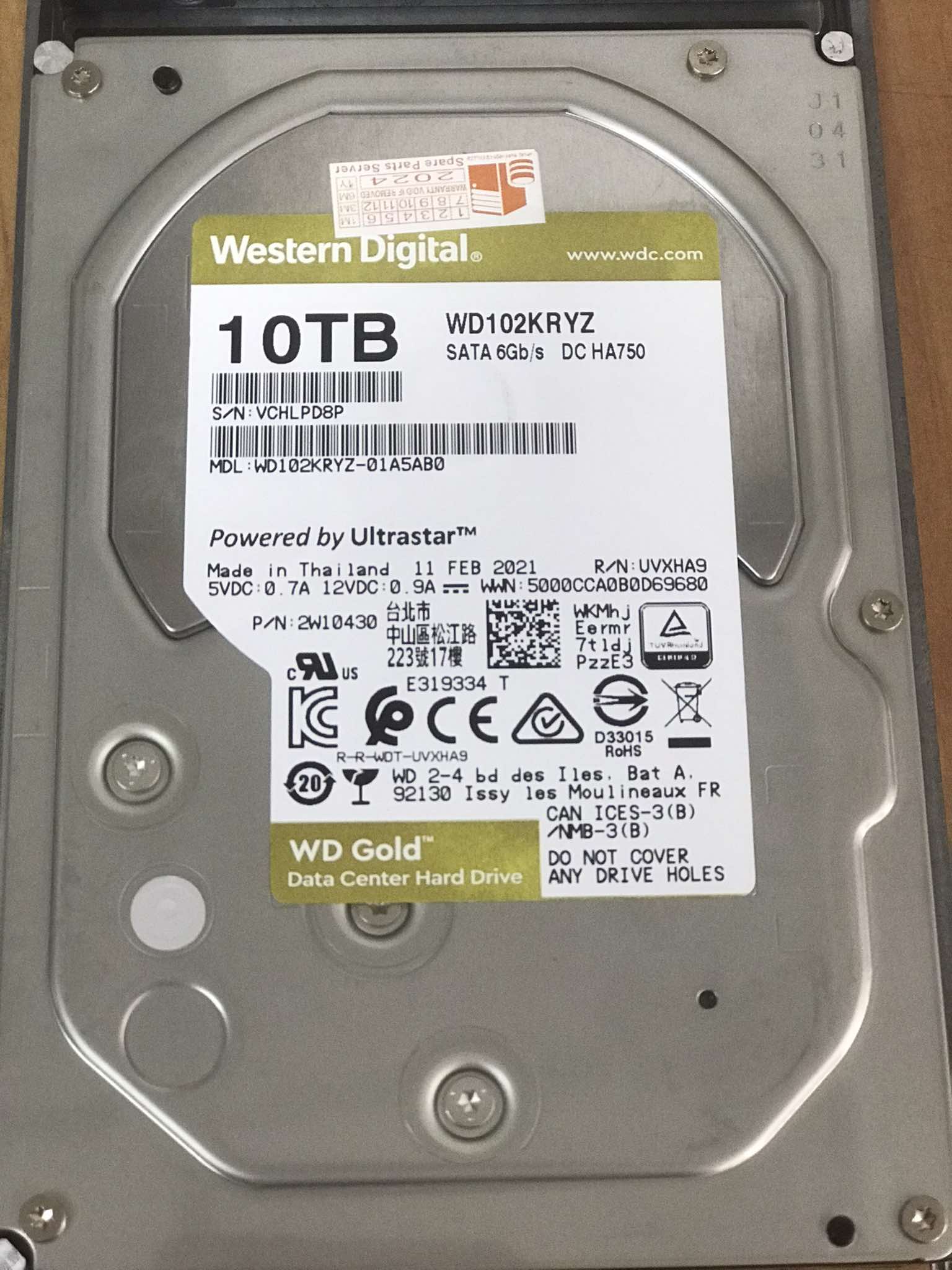 WD Gold 10TB 7.2K 6G 256MB SATA III 3.5'' Hard Drive // WD101KRYZ, UVXHA9, WD102KRYZ-01A5AB0 (Used) // สินค้ารับประกัน โดย บริษัท อะไหล่เซิร์ฟเวอร์ จำกัด
