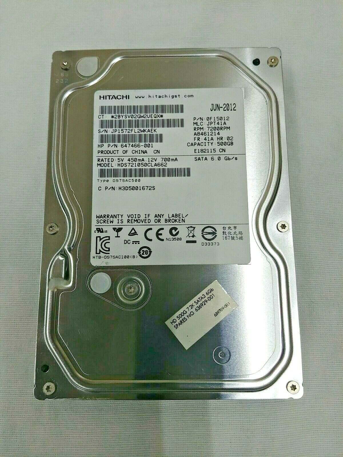 HP / Hitachi 500GB 7200RPM SATA Hard Drive // 636929-001 / HDD 647466-001 / HDS721050CLA662 / H3D5001672S (Used) // สินค้ารับประกัน โดย บริษัท อะไหล่เซิร์ฟเวอร์ จำกัด