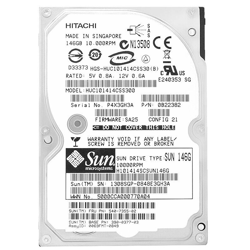 Sun / Hitachi 146GB 10K 3G 16MB SAS 2.5 " HDD // 540-7151-02 / 390-0377-03 / H101414SCSUN146G / HUC101414CSS300 / 0B22382 (Used) // สินค้ารับประกัน โดย บริษัท อะไหล่เซิร์ฟเวอร์ จำกัด
