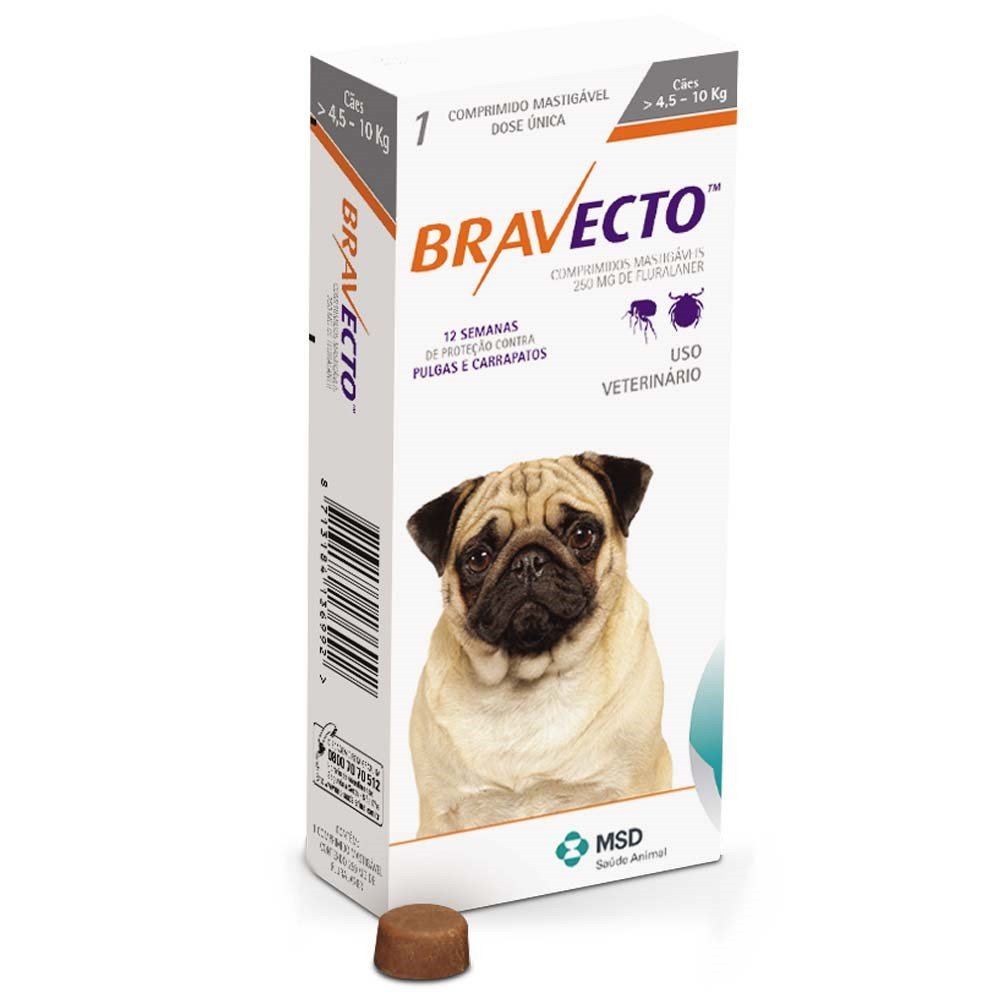 Bravecto chewable tablets 250 mg for dogs 4.5-10 kg บราเวคโต ยาเม็ดสำหรับเคี้ยว เพื่อรักษาการติดเห็บ หมัดในสุนัขขนาดเล็ก น้ำหนัก 4.5-10 กก.