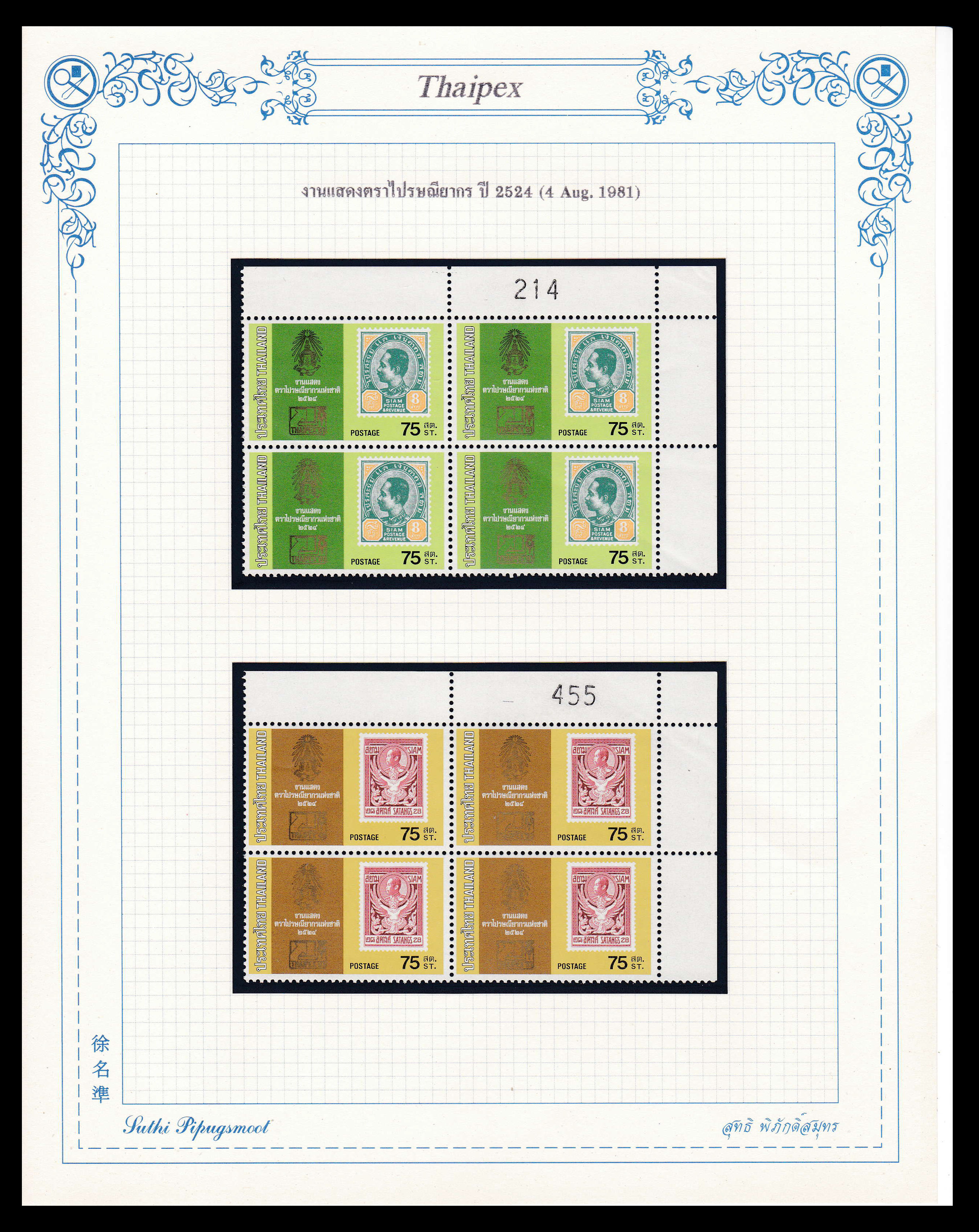 บล็อค 4 แสตมป์งานแสดงตราไปรษณียากรแห่งชาติ 2524 (มุมเลข) พร้อมแผ่นกระดาษ