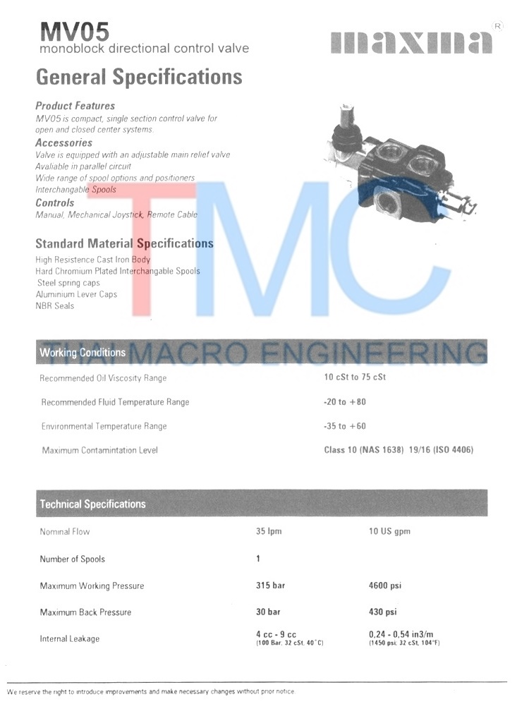 ไฮโดรลิคคอนโทรนวาล์ว(1แกน)maxma-MV05L-R(250) (35L/min)(4,600Psi/315Bar)