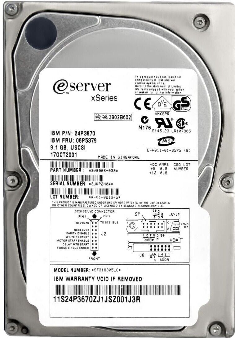 IBM / SERVER 9.1GB 10000U/min 4MB SCSI U160 3.5"" HARD DRIVE" // 06P5379 / 24P3670 / ST318305LC (Used) // สินค้ารับประกัน โดย บริษัท อะไหล่เซิร์ฟเวอร์ จำกัด