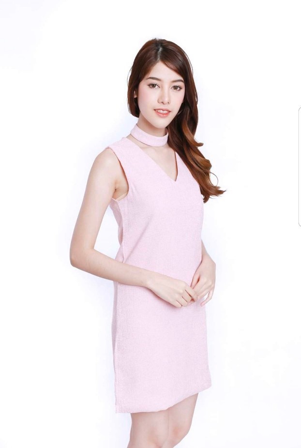 มินิเดรสผ้าทอ+โช็กเกอร์ V Neak Dress #5191